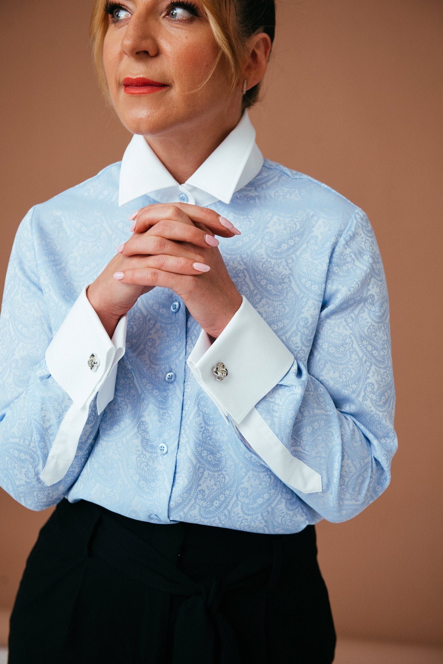 Light Blue Paisley Blouse: Cotton French Cuff Button-Down Shirt