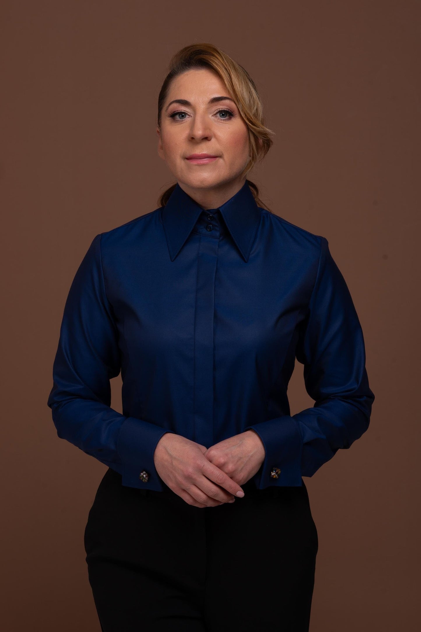 Navy Blue French Cuff Shirt: Fitted Easy Care Cotton Blouse
