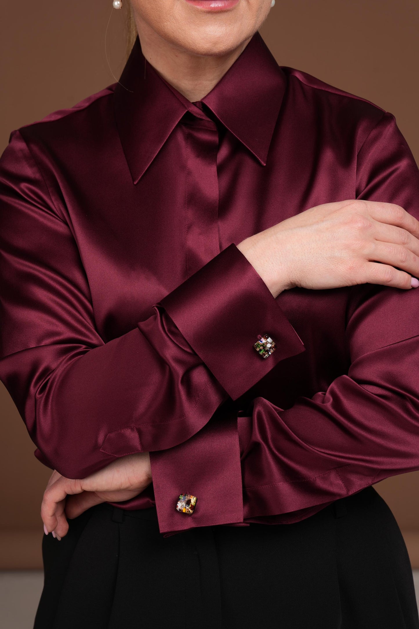 Burgundy Silk Blouse: Satin Shirt with French Cuffs