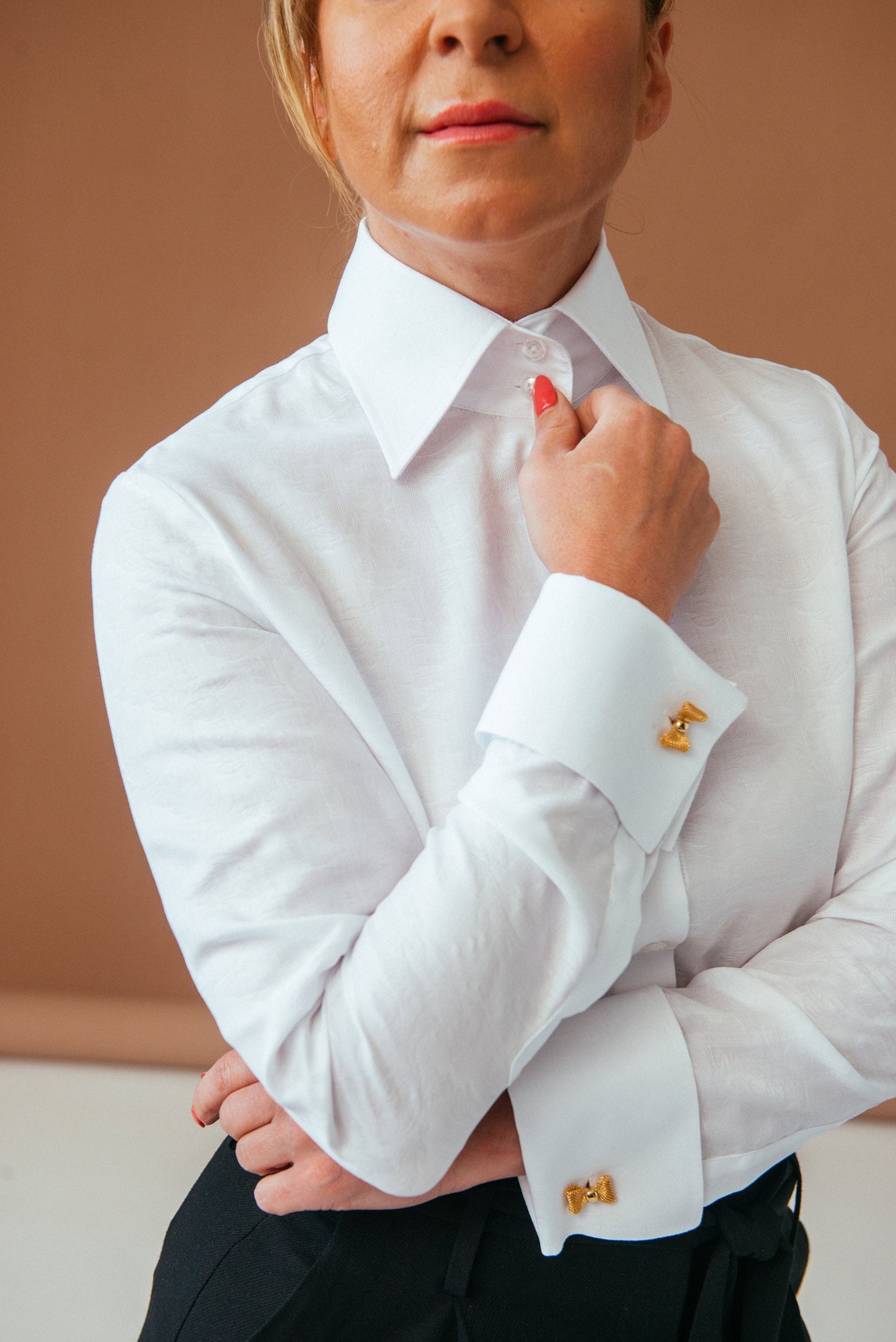 Fitted White Herringbone Blouse: French Cuff Cotton Shirt