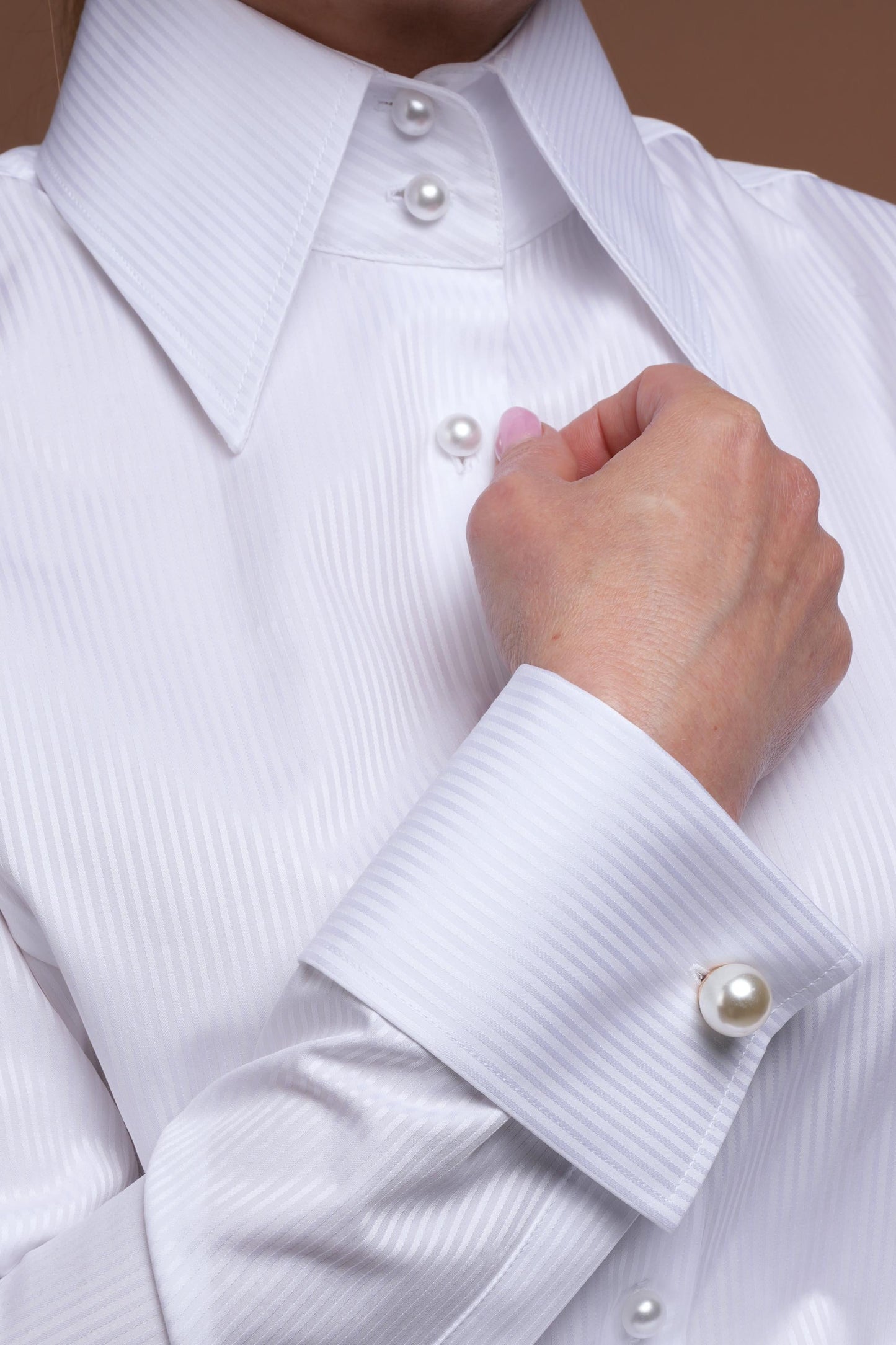 White Fitted Blouse, Elegant White French Cuff Shirt for Women, High Collar Blouse with Mother-of-Pearl Buttons, 100% Premium Cotton