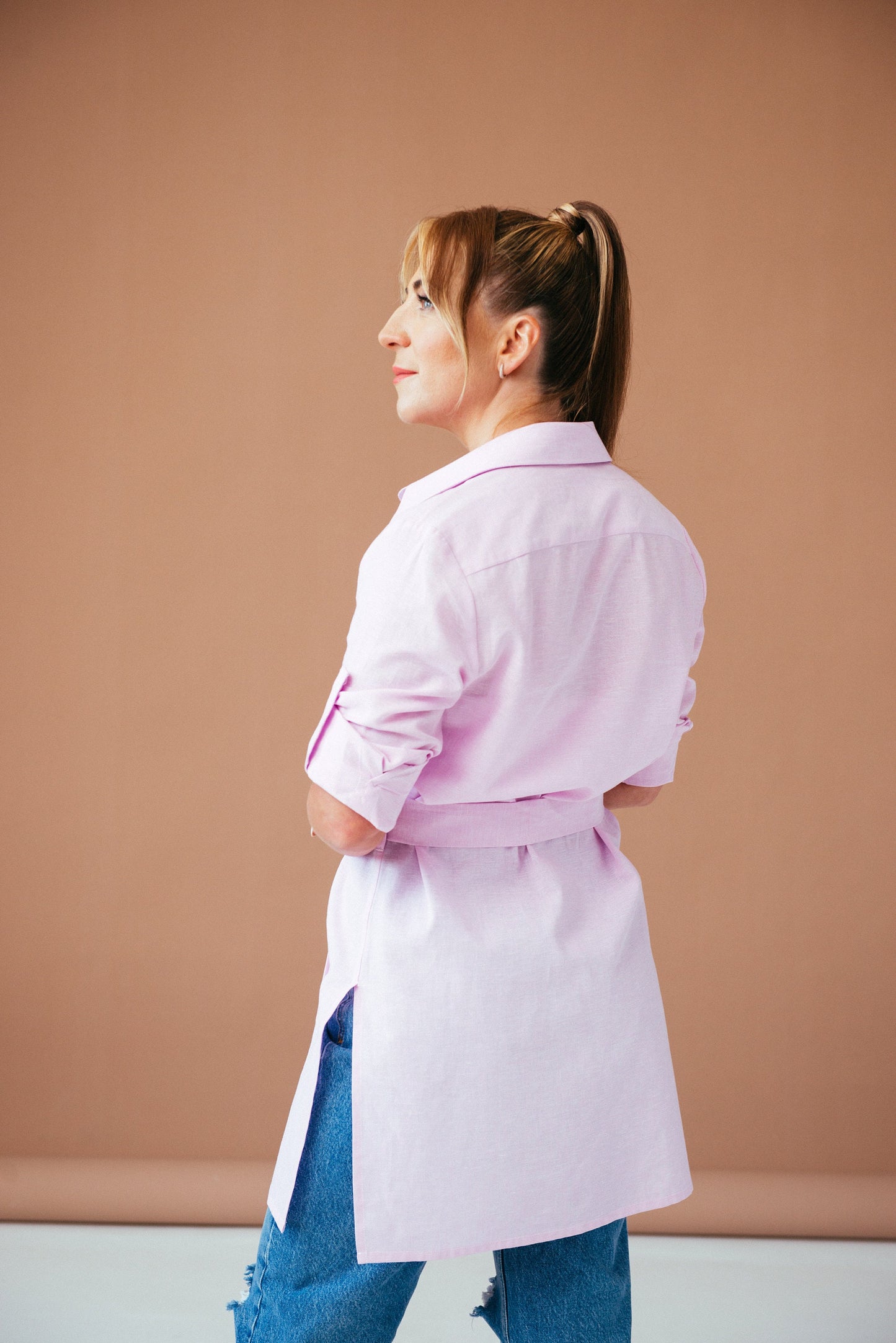 Elegant Linen Tunic Top: Pink Cotton-Linen Blend Shirt