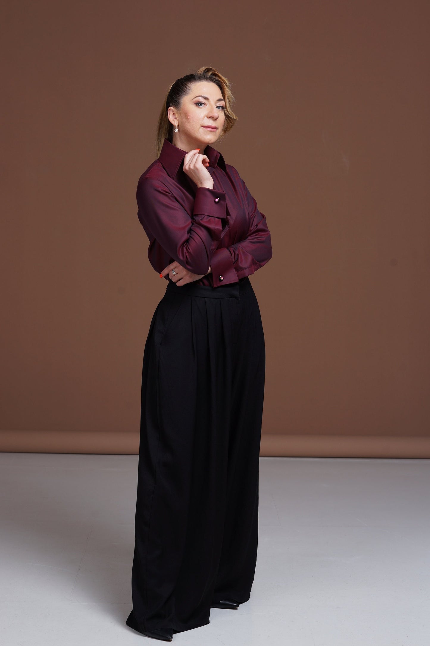 Burgundy French Cuff Blouse: Non-Iron Cotton, High Collar