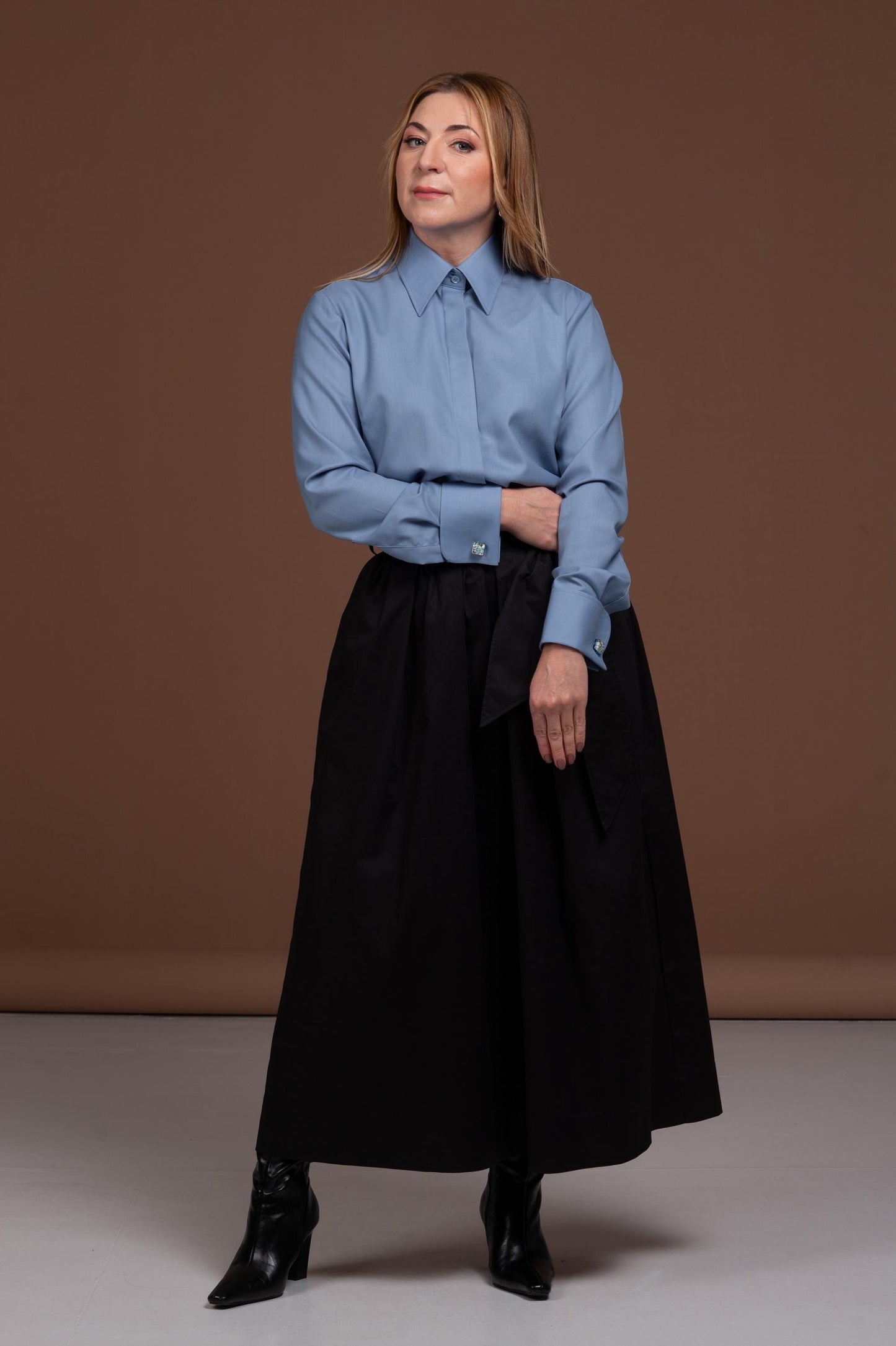 Blue Merino Wool Shirt: Women's French Cuff Button-Up Blouse