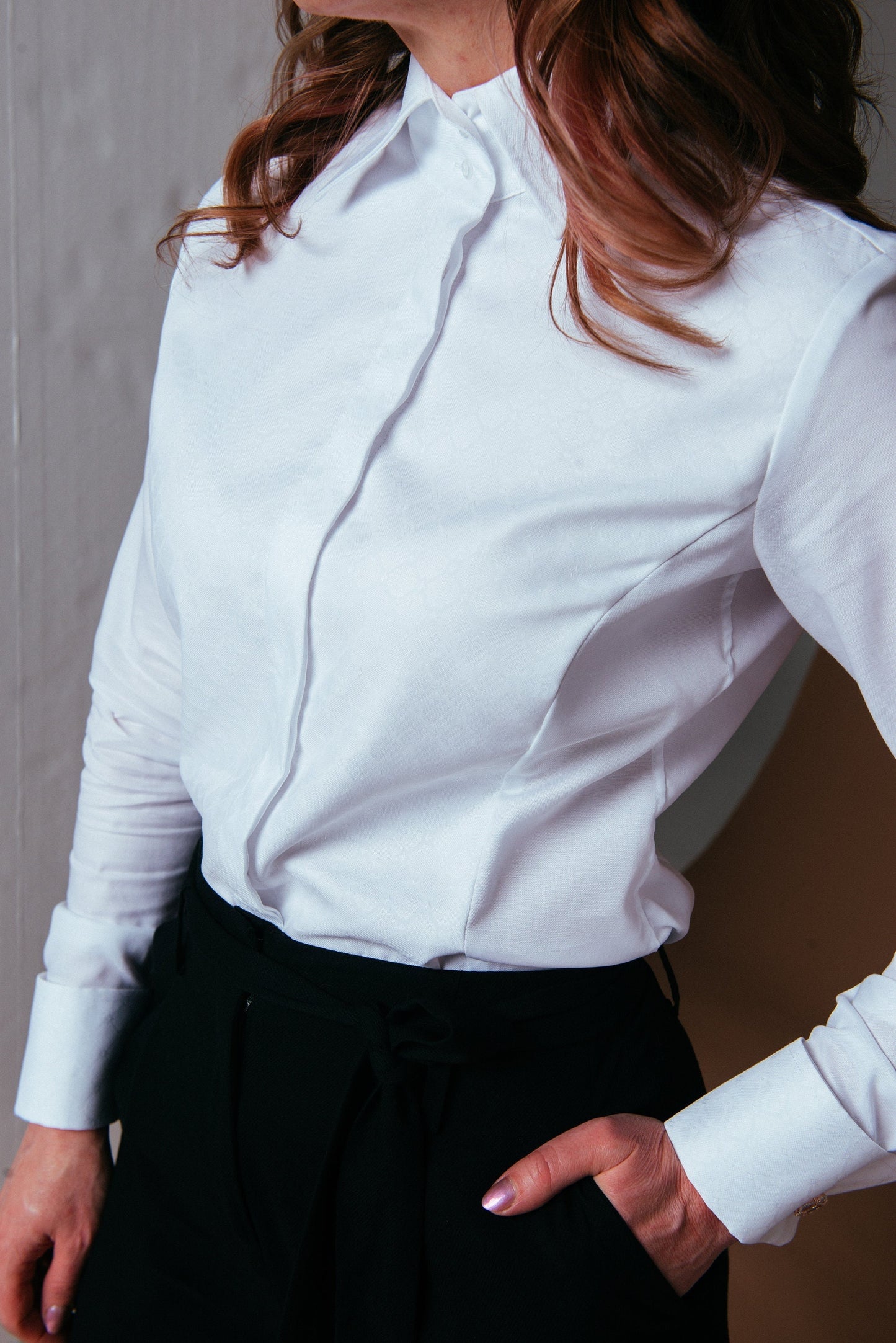 Non-Iron White Oxford Blouse: French Cuff Tuxedo Shirt