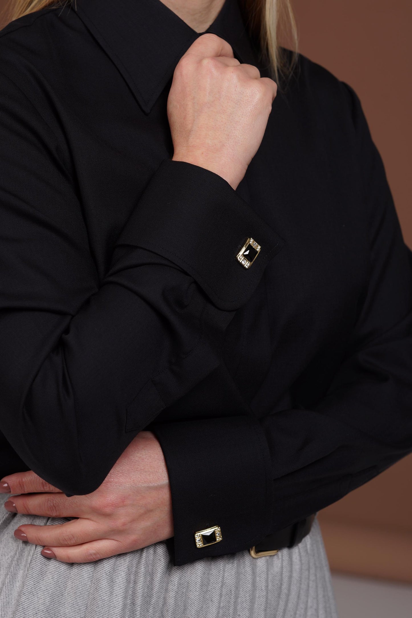 Merino Wool French Cuff Blouse: Elegant Black Button-Up Office Shirt