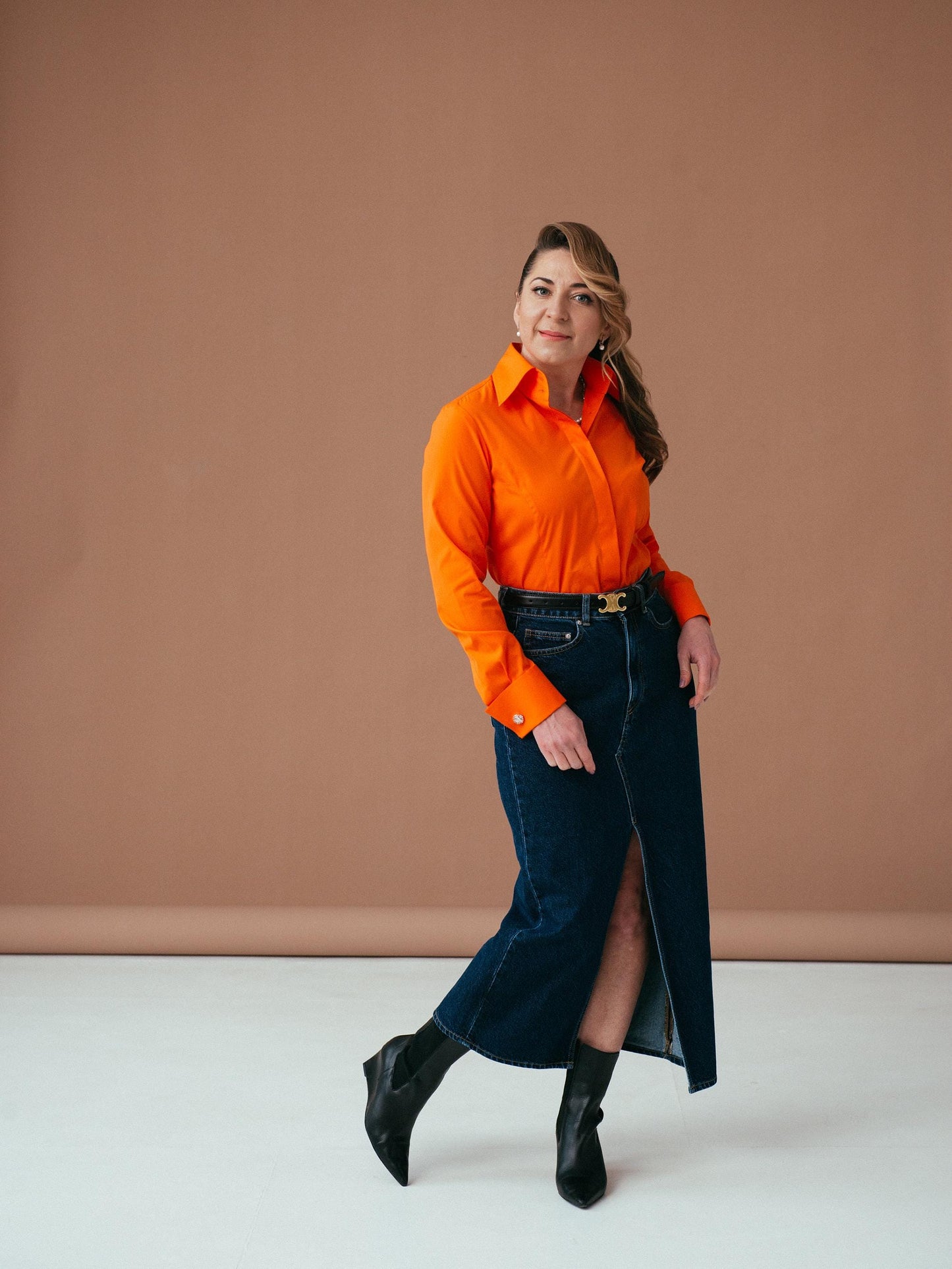 Orange French Cuff Blouse: Stretch Cotton High Collar Shirt