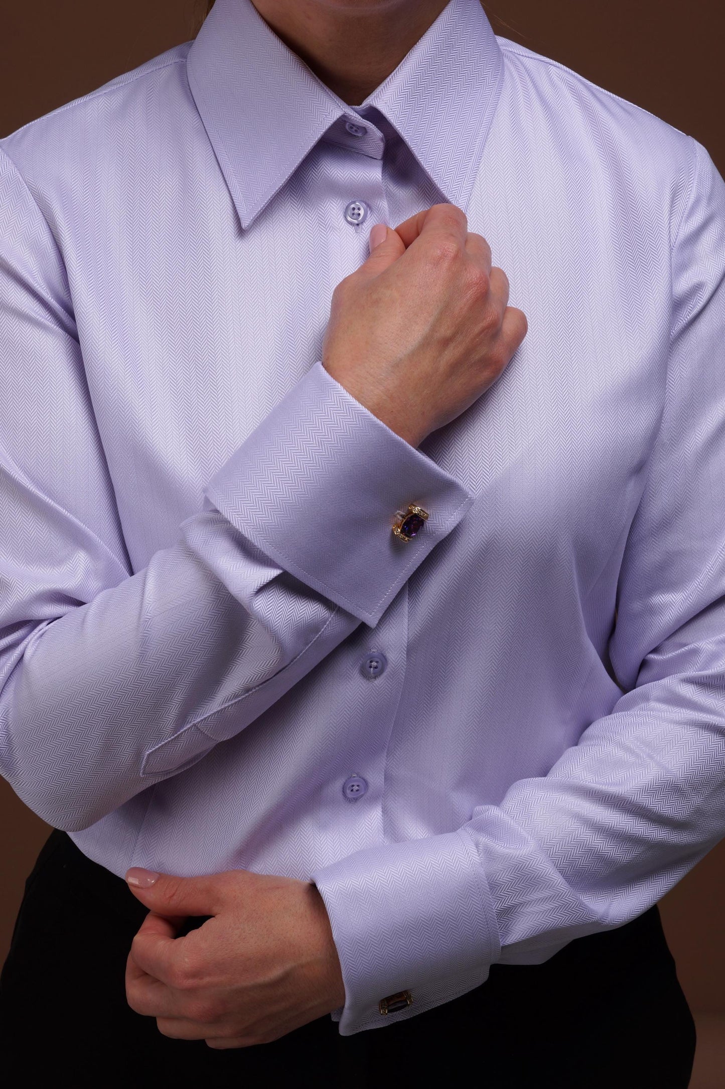 Purple Herringbone Shirt: 100% Cotton French Cuff Blouse