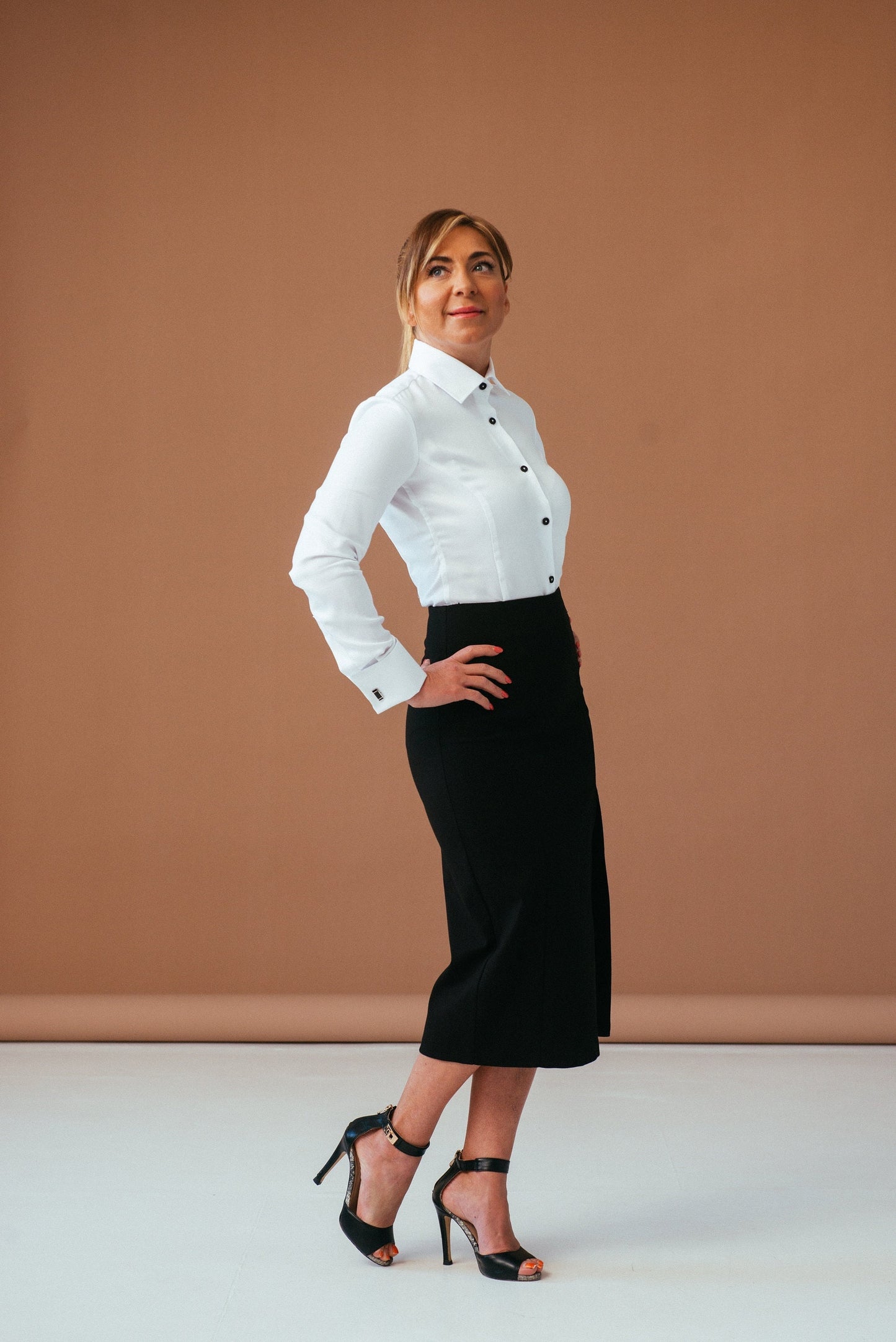 White French Cuff Blouse: Cotton Dress Shirt with Black Buttons