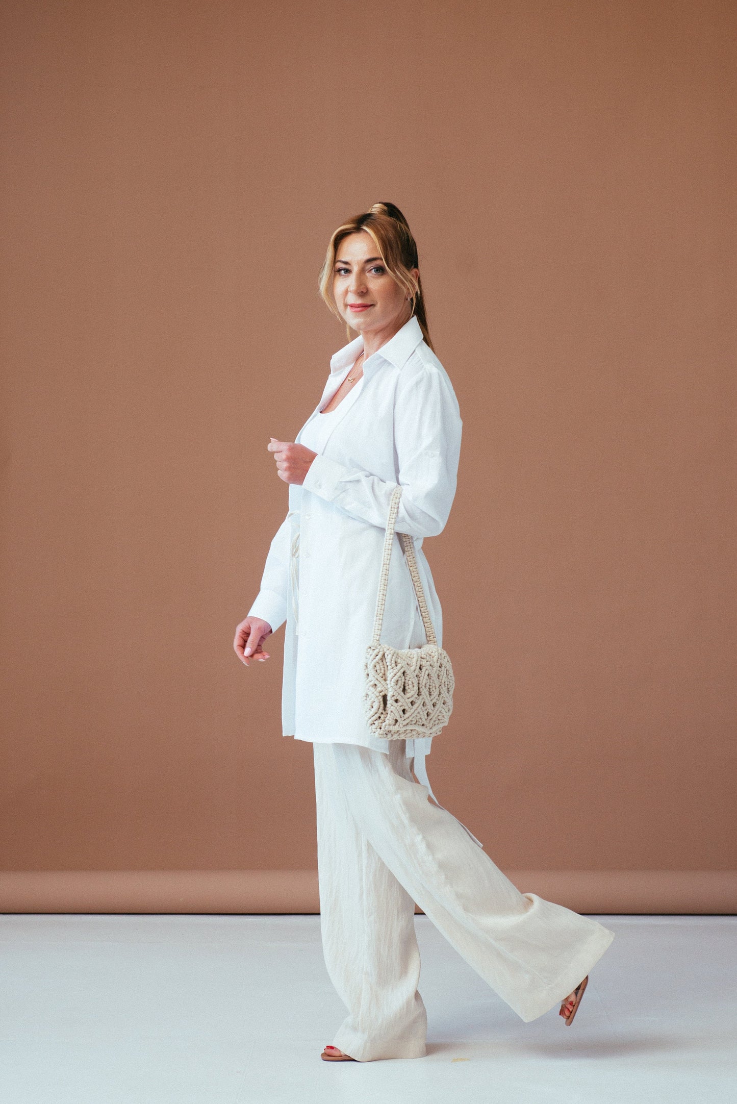 White Linen Tunic Top: Belted Button-Down Shirt