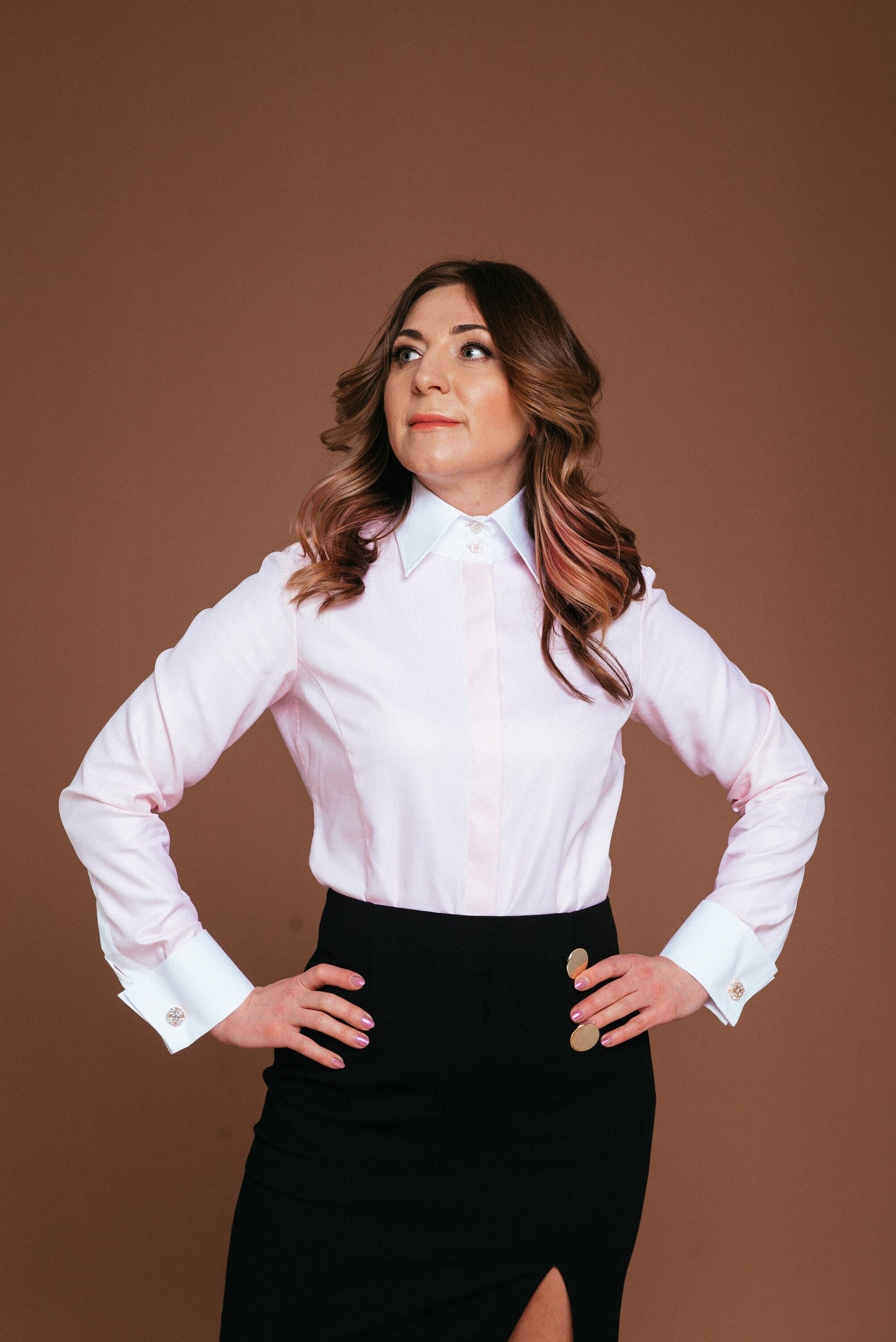 Elegant Pink Cotton French Cuff Blouse: High Collar Womens Shirt