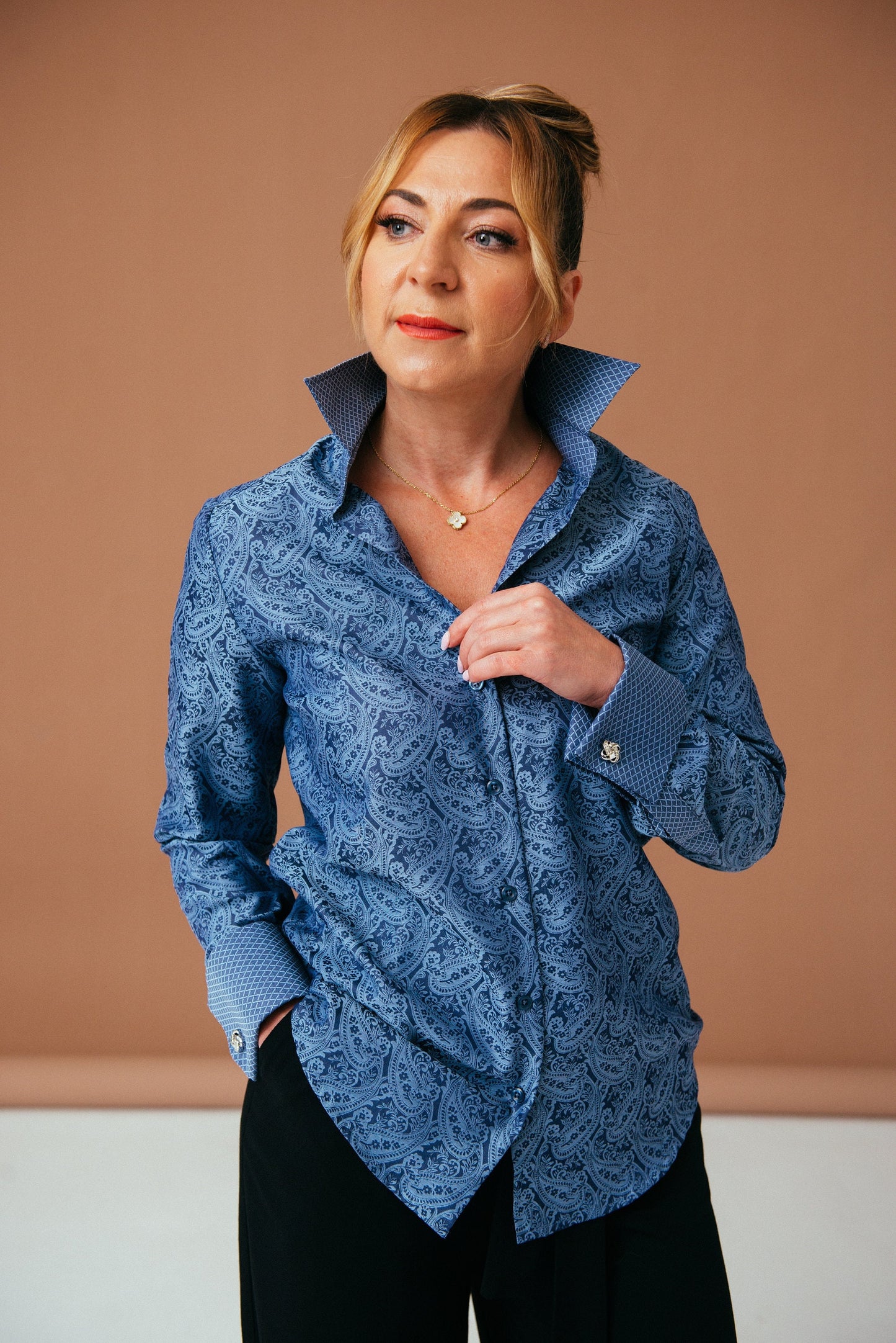 Blue Paisley Cotton French Cuff Shirt - Elegant Women's Blouse