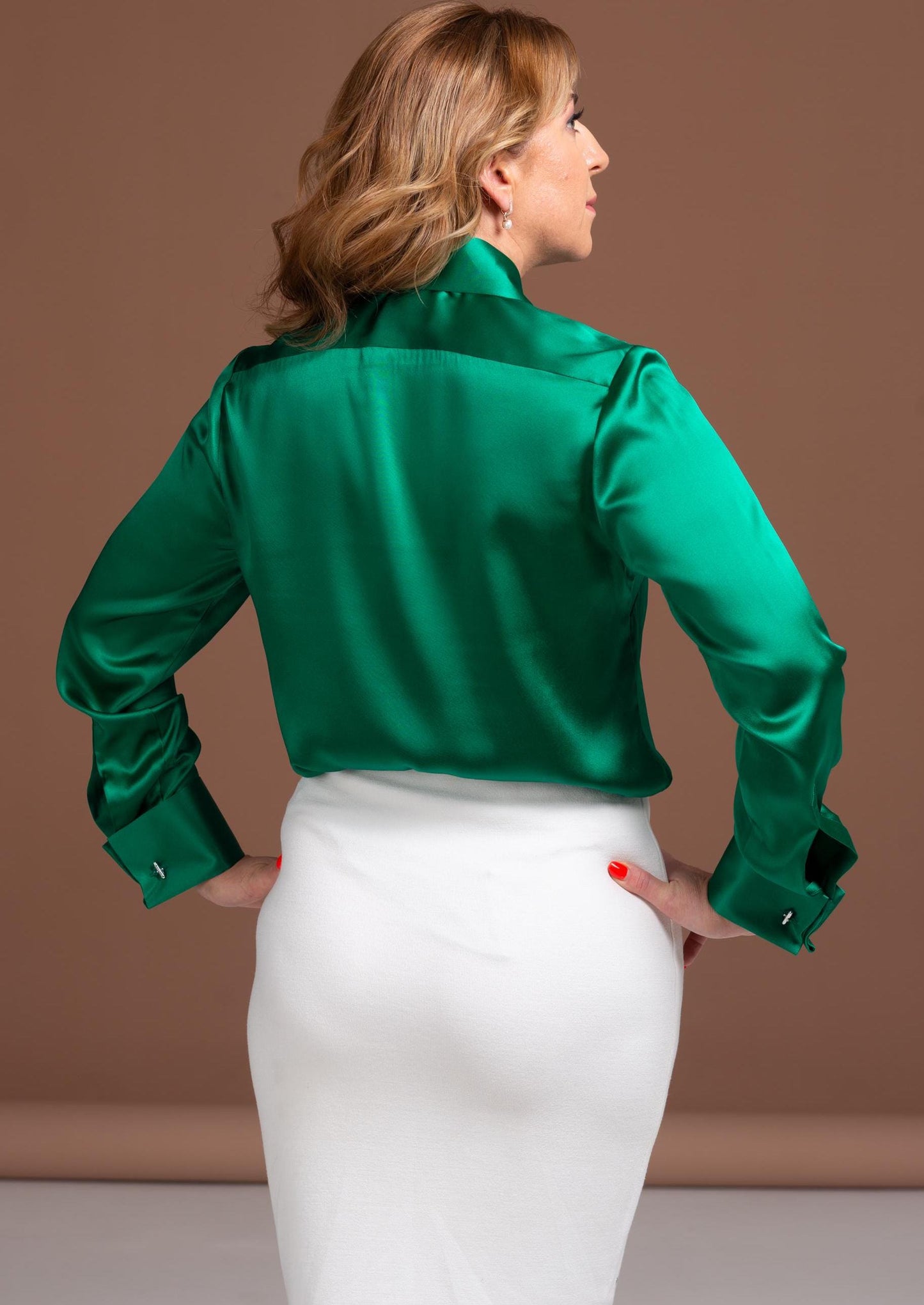 Emerald Green Mulberry Silk Blouse - French Cuff Long Sleeve Top