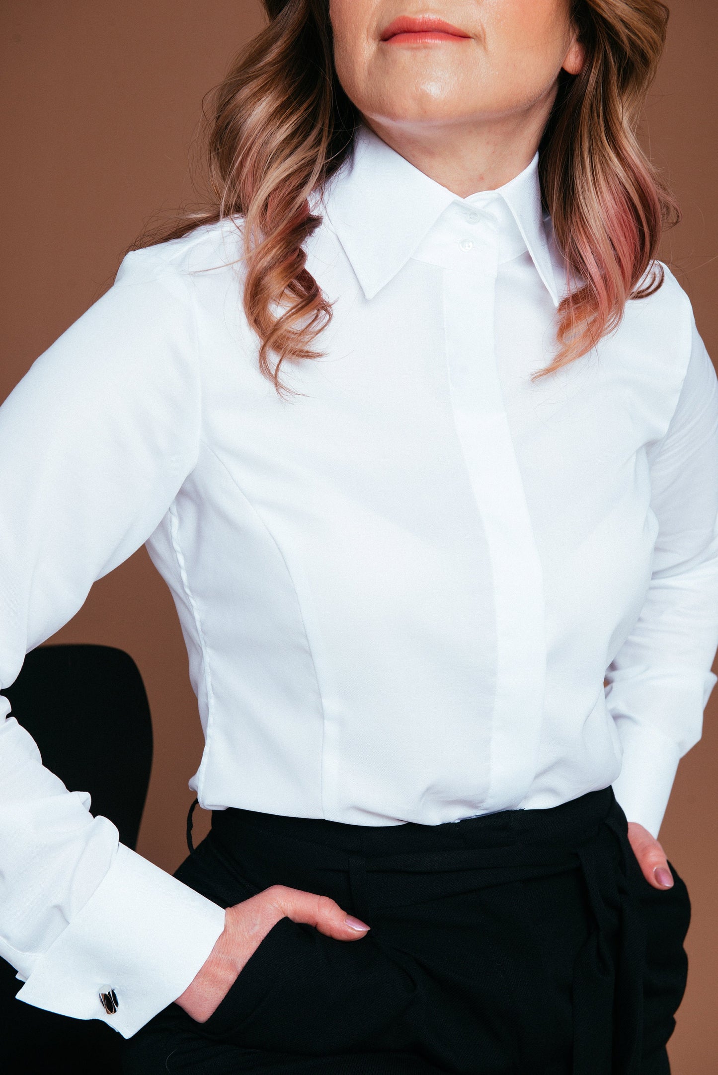 White Oxford French Cuff Blouse: Fitted No Iron High Collar Shirt