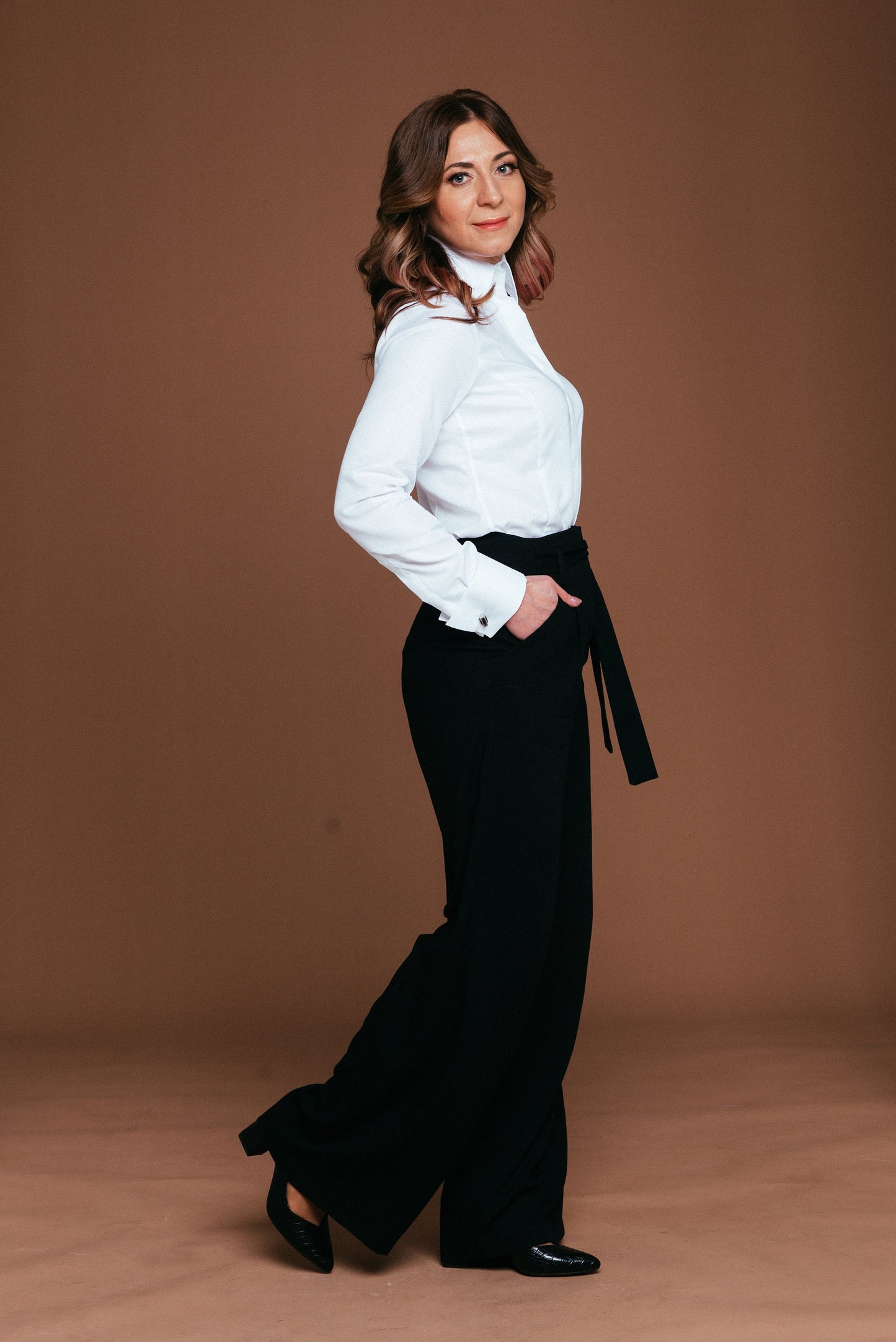 White Oxford French Cuff Blouse: Fitted No Iron High Collar Shirt