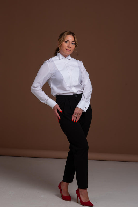 White Cotton Tuxedo Shirt: Piqué Detail, Wing Collar, French Cuff