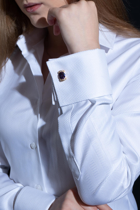 Fitted Herringbone French Cuff Blouse for Cuff Links: White Cotton Business Shirt Button Up
