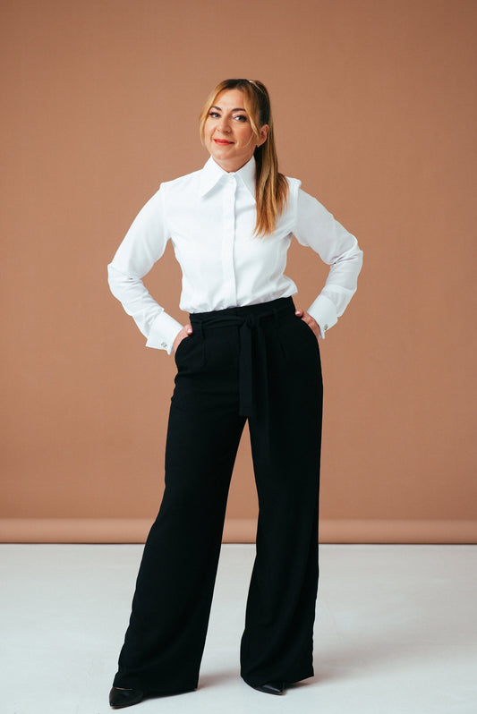 White Oxford Cotton French Cuff Blouse: Non-Iron Tuxedo Shirt