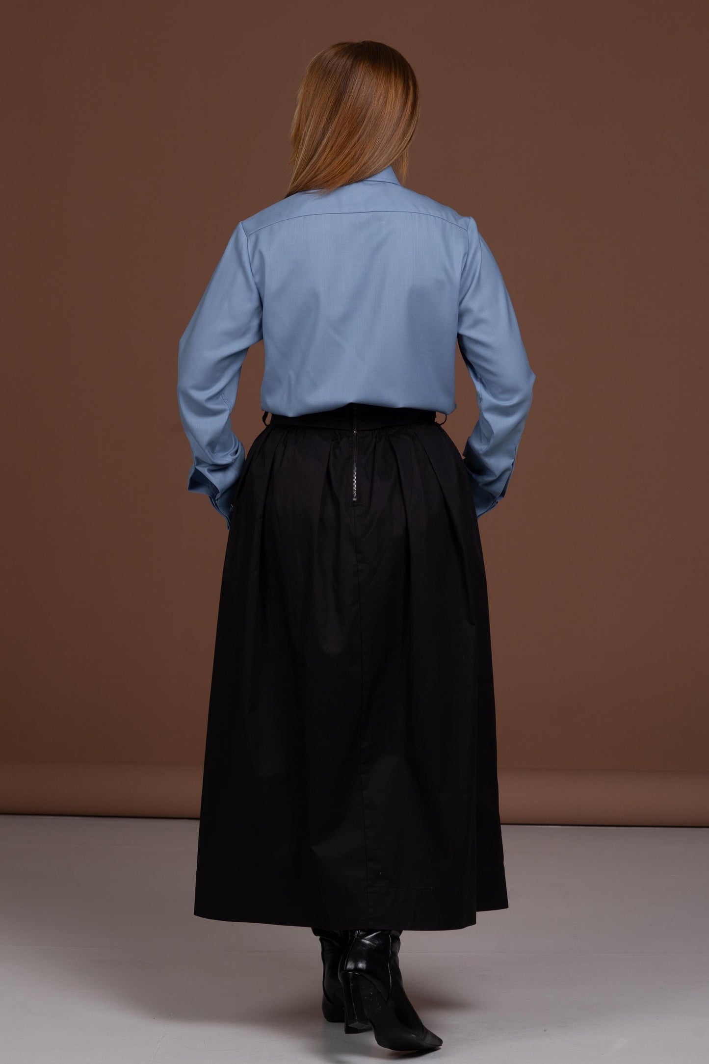 Blue Merino Wool Shirt: Women's French Cuff Button-Up Blouse