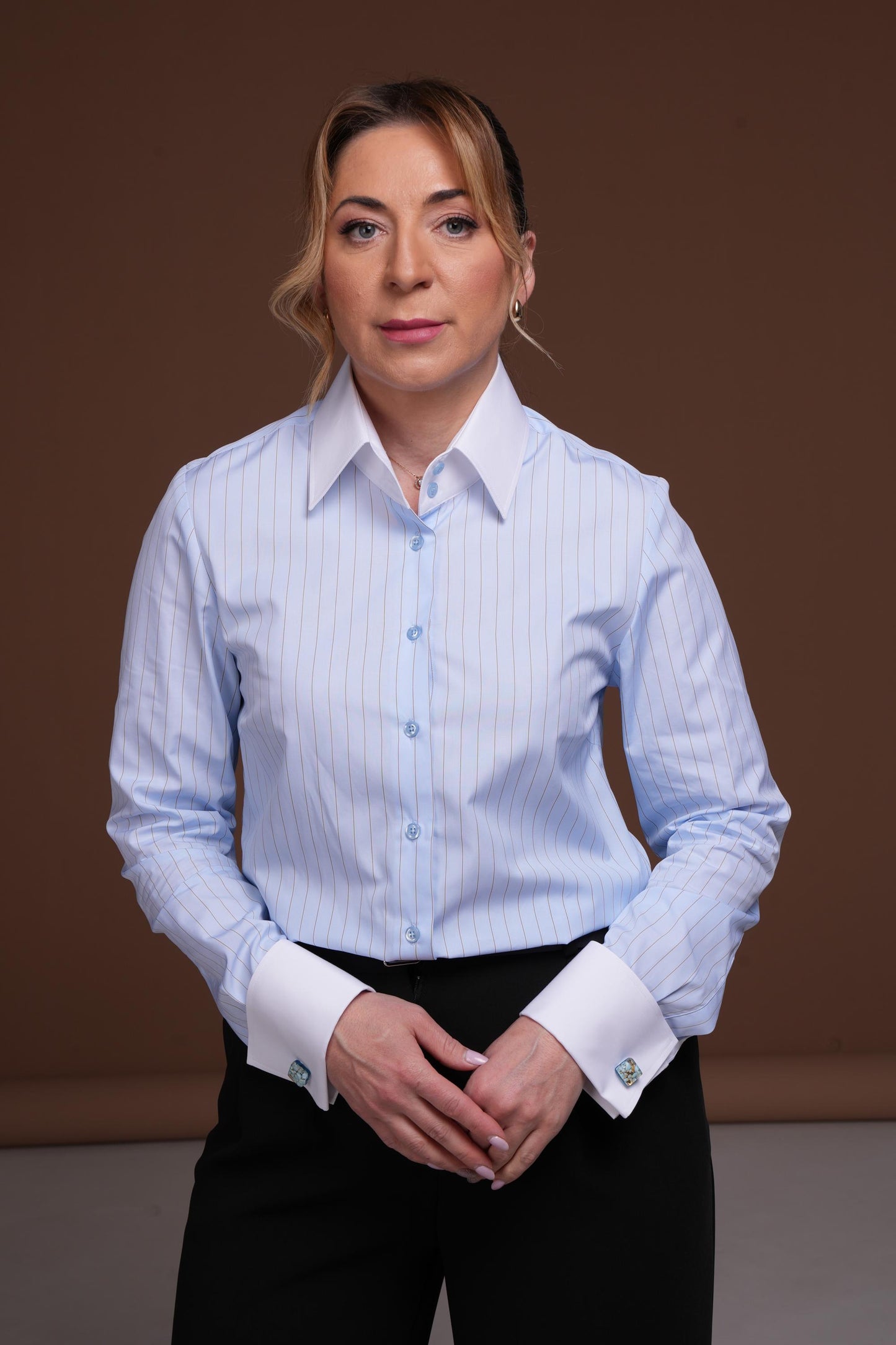 Blue Striped French Cuff Blouse for Cufflinks: High Collar Cotton Business Shirt