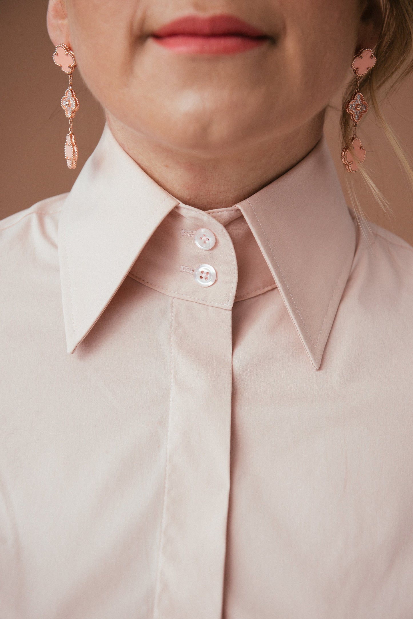 Pastel Pink Cotton French Cuff Blouse: Fitted High Collar Shirt