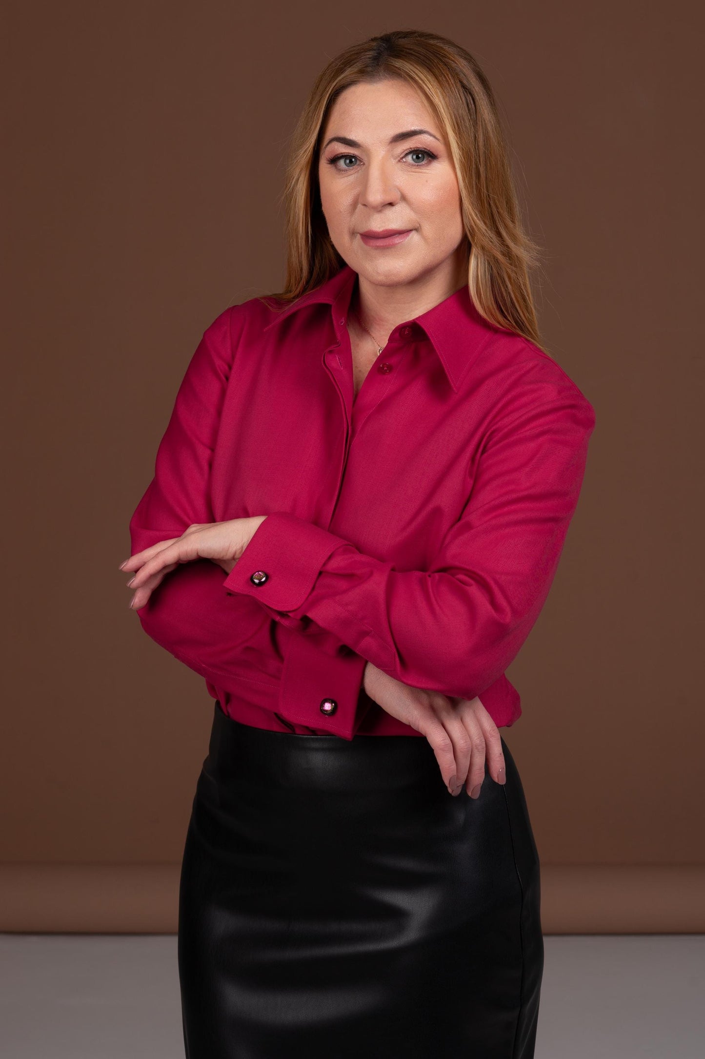 Red Merino Wool Shirt: Elegant French Cuff Button-Down Blouse