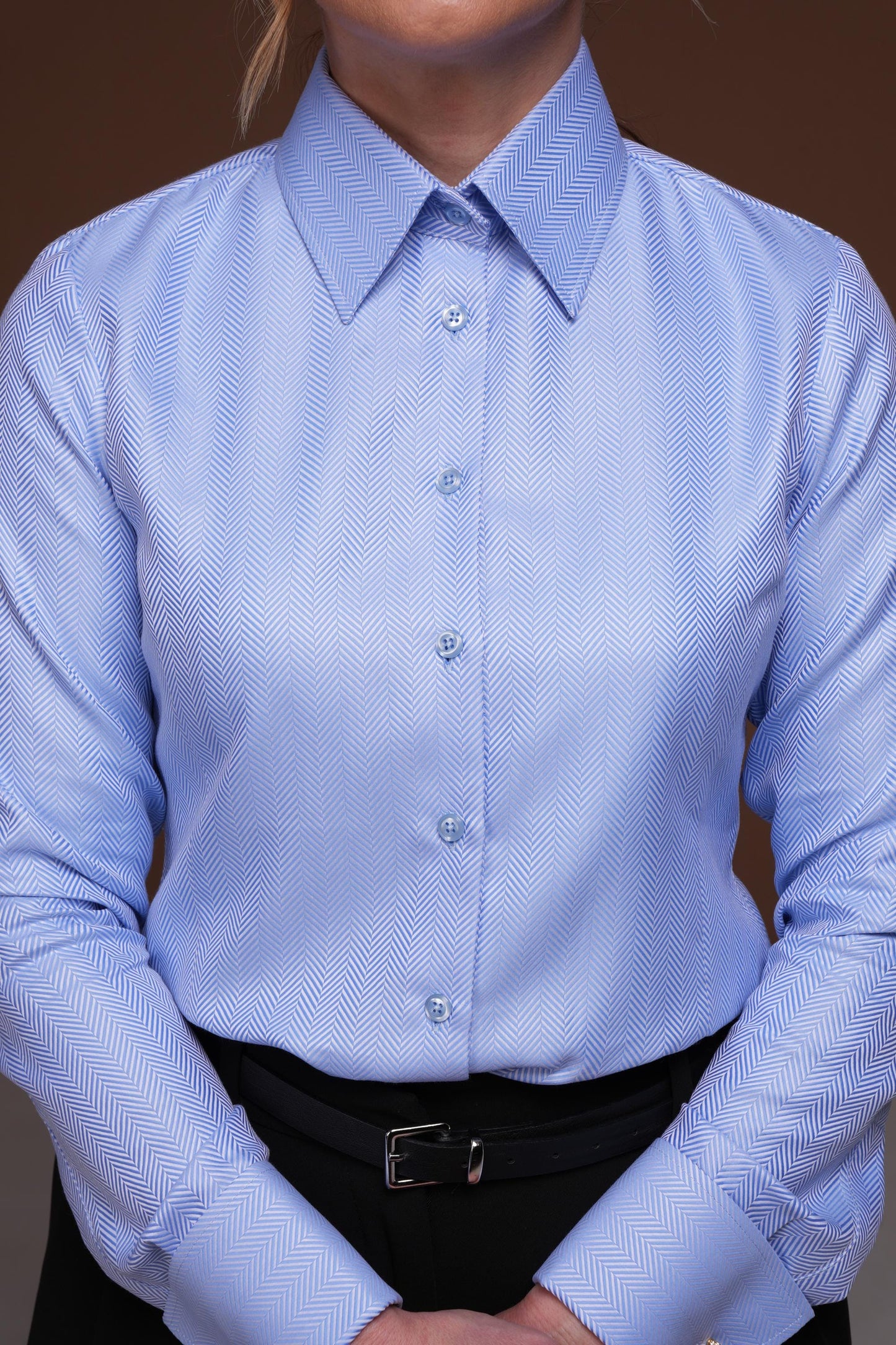 Blue French Cuff Blouse: Elegant 100% Cotton Easy Care Shirt