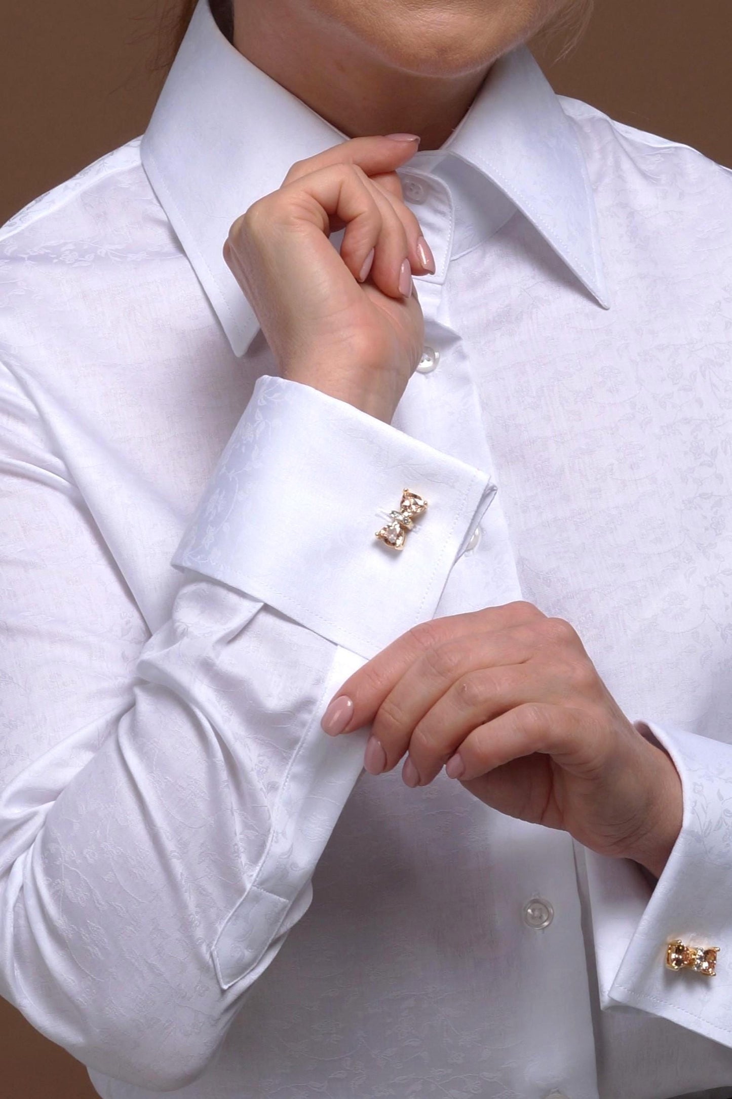 Floral Texture French Cuff Blouse: High Collar 100% Cotton Shirt for Women