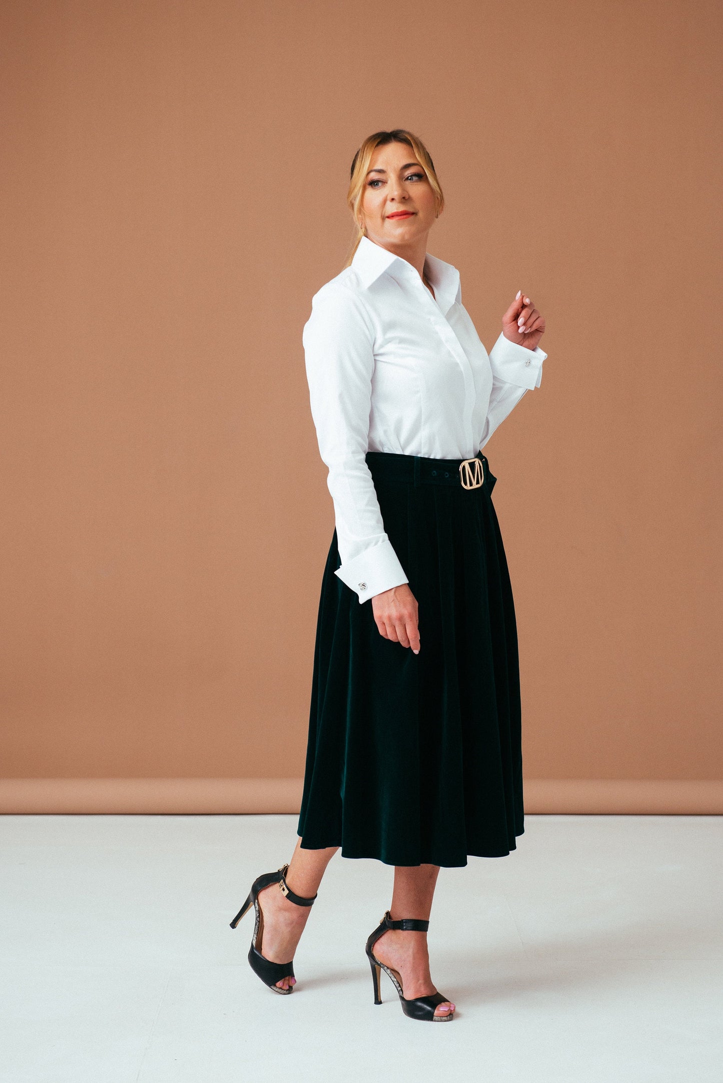 White French Cuff Blouse: High Collar, Pearlescent Buttons - Easy Care