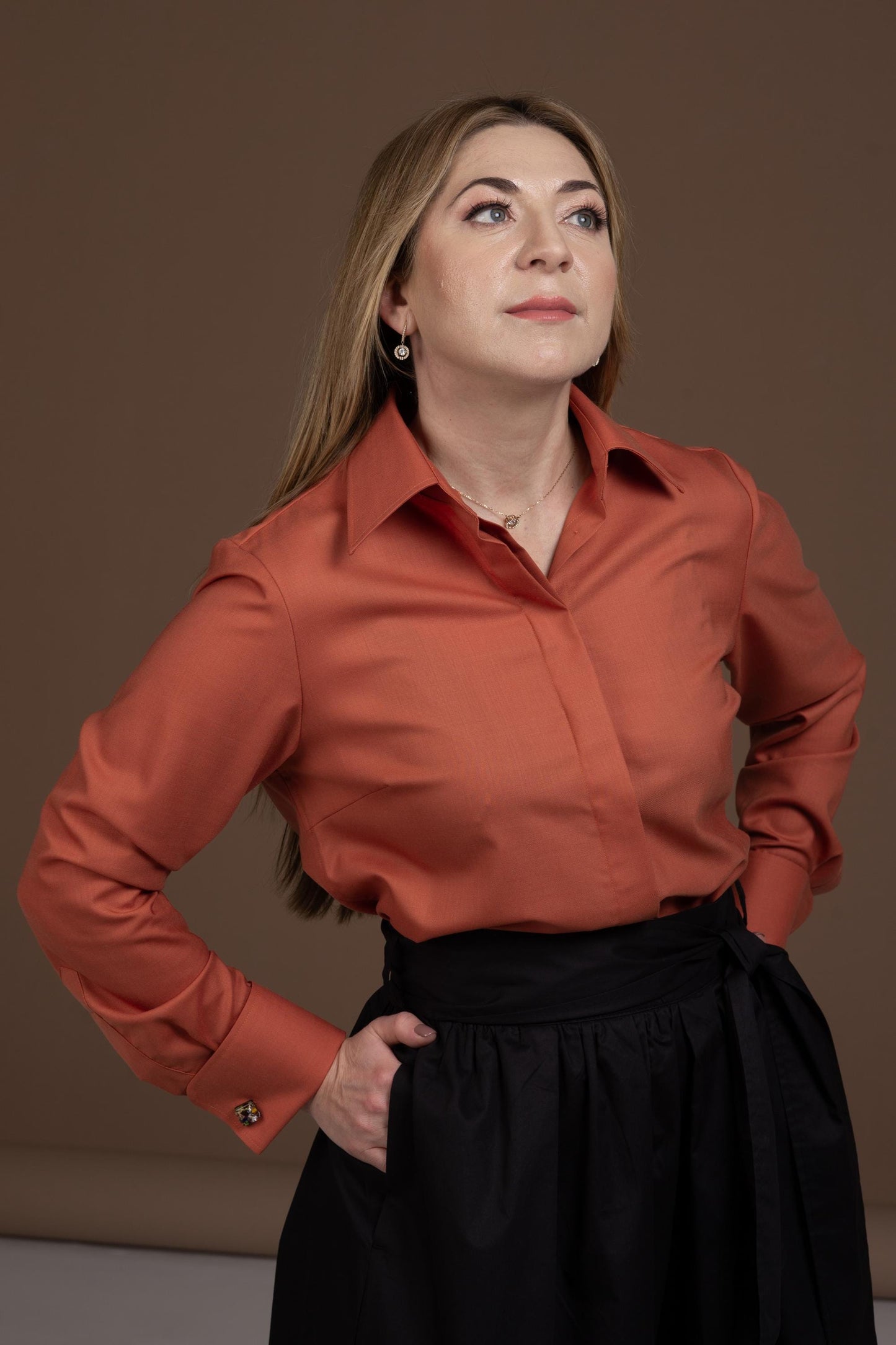 Merino Wool Shirt: Brick Orange French Cuff Button-Up Blouse