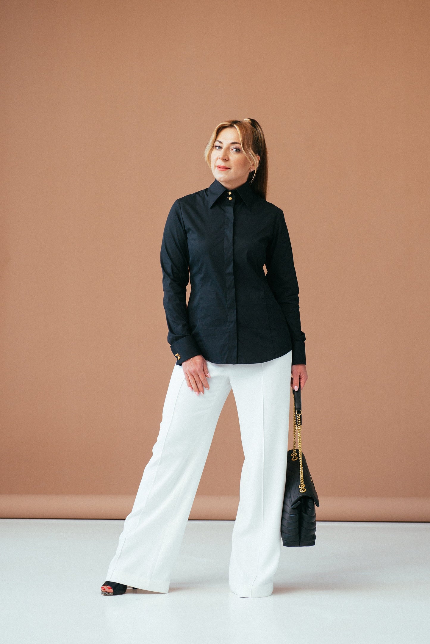 Black French Cuff Blouse: Slim Fit High Collar Cotton Shirt