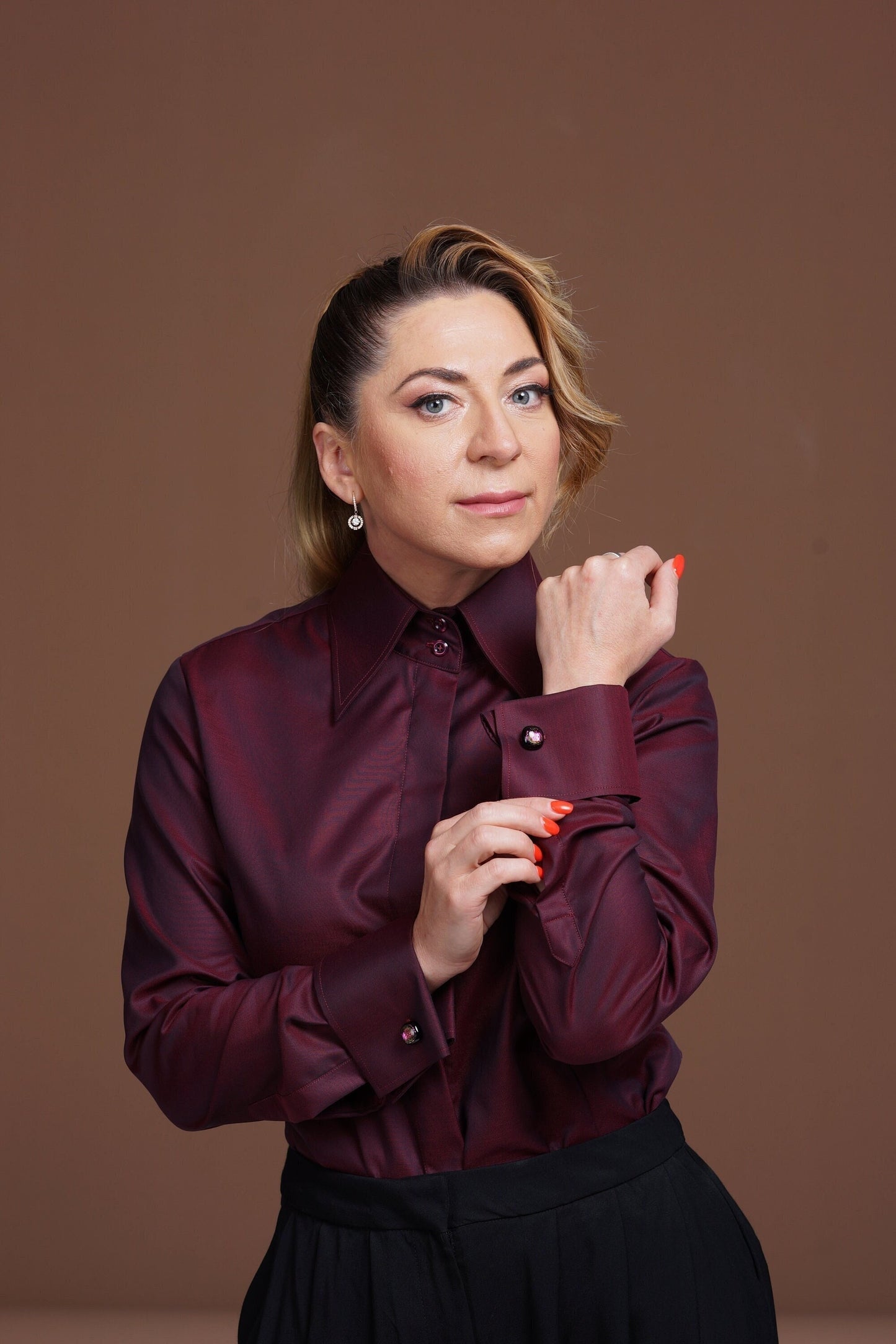 Burgundy French Cuff Blouse: Non-Iron Cotton, High Collar