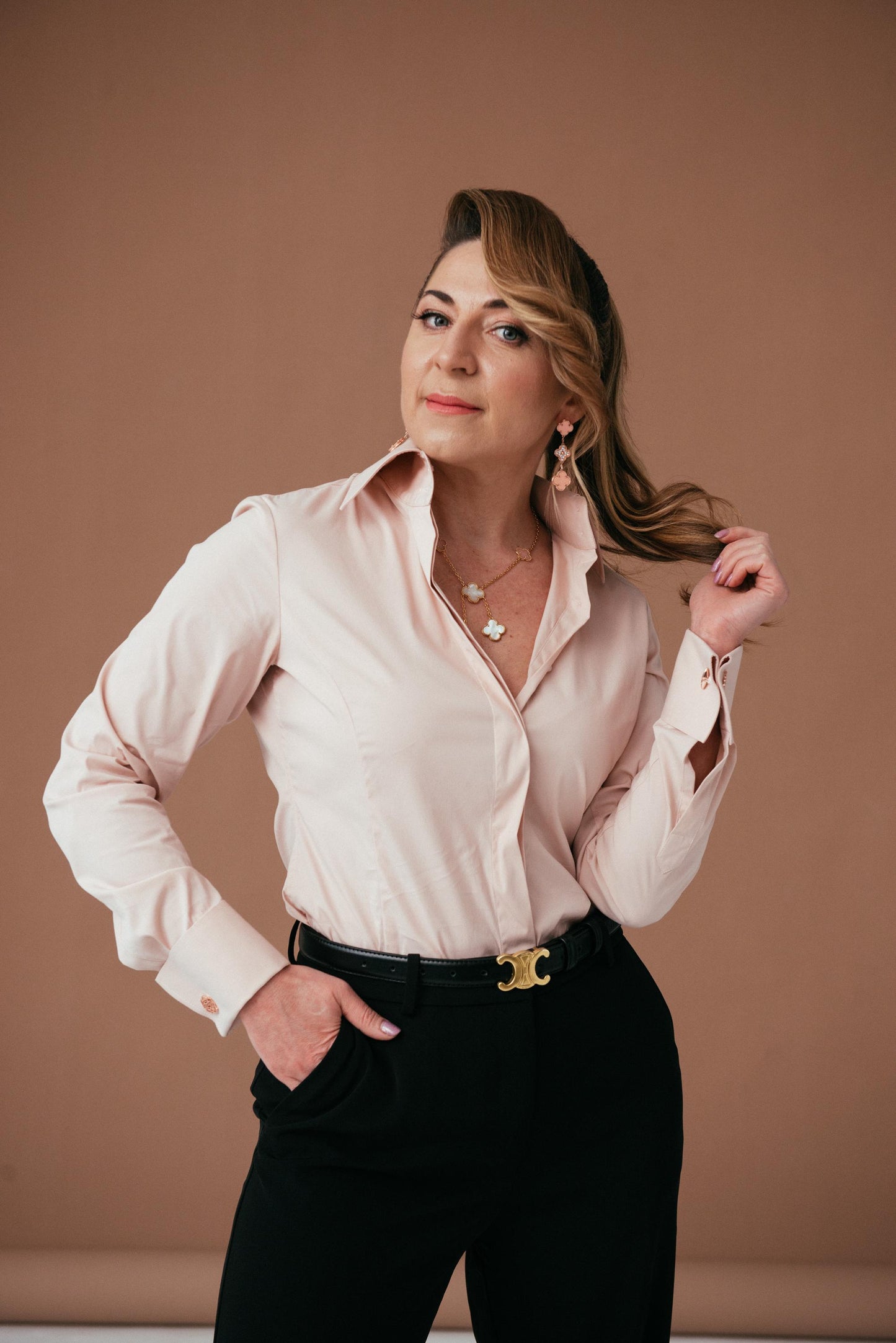 Pastel Pink Cotton French Cuff Blouse: Fitted High Collar Shirt