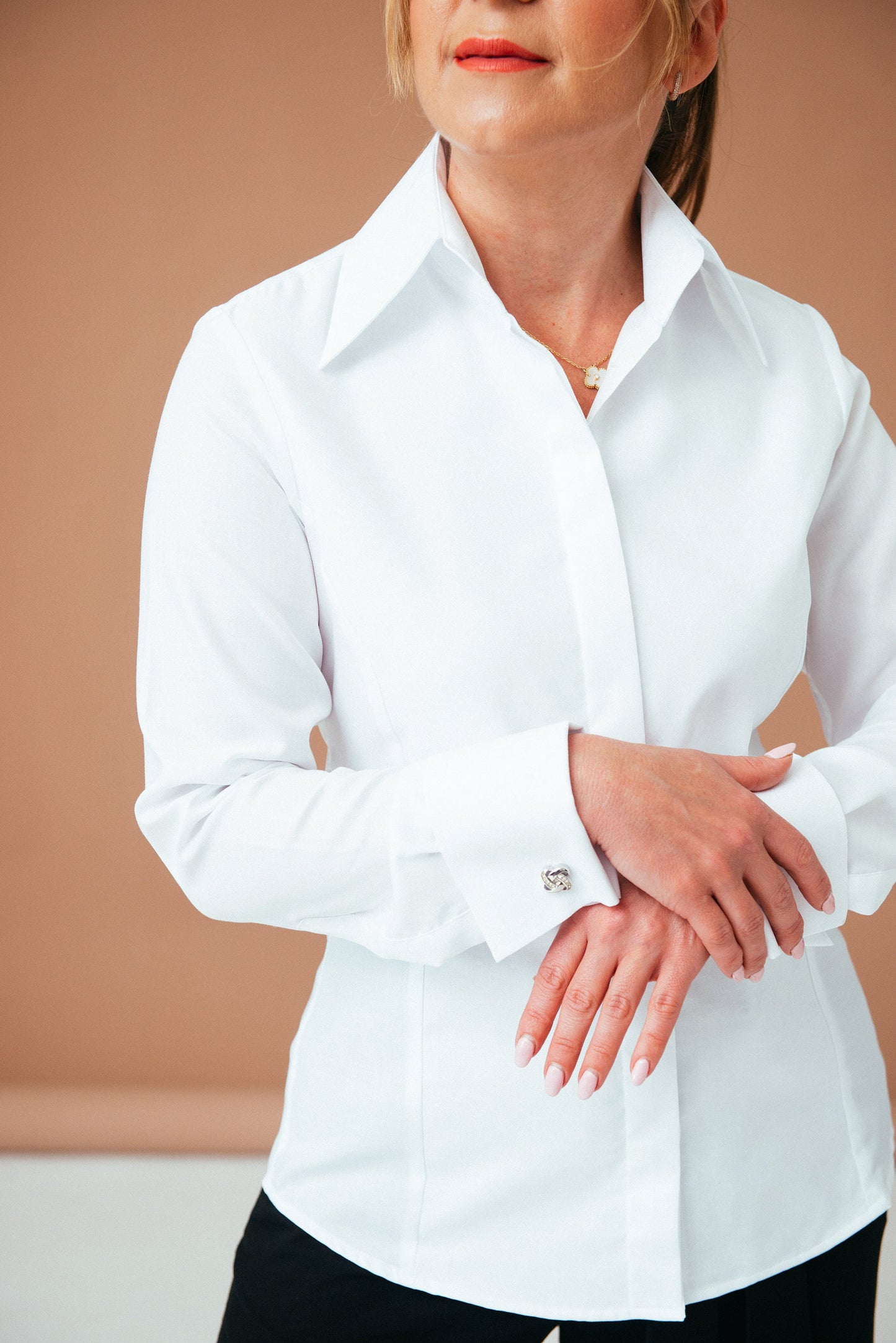 White Oxford Cotton French Cuff Blouse: Non-Iron Tuxedo Shirt