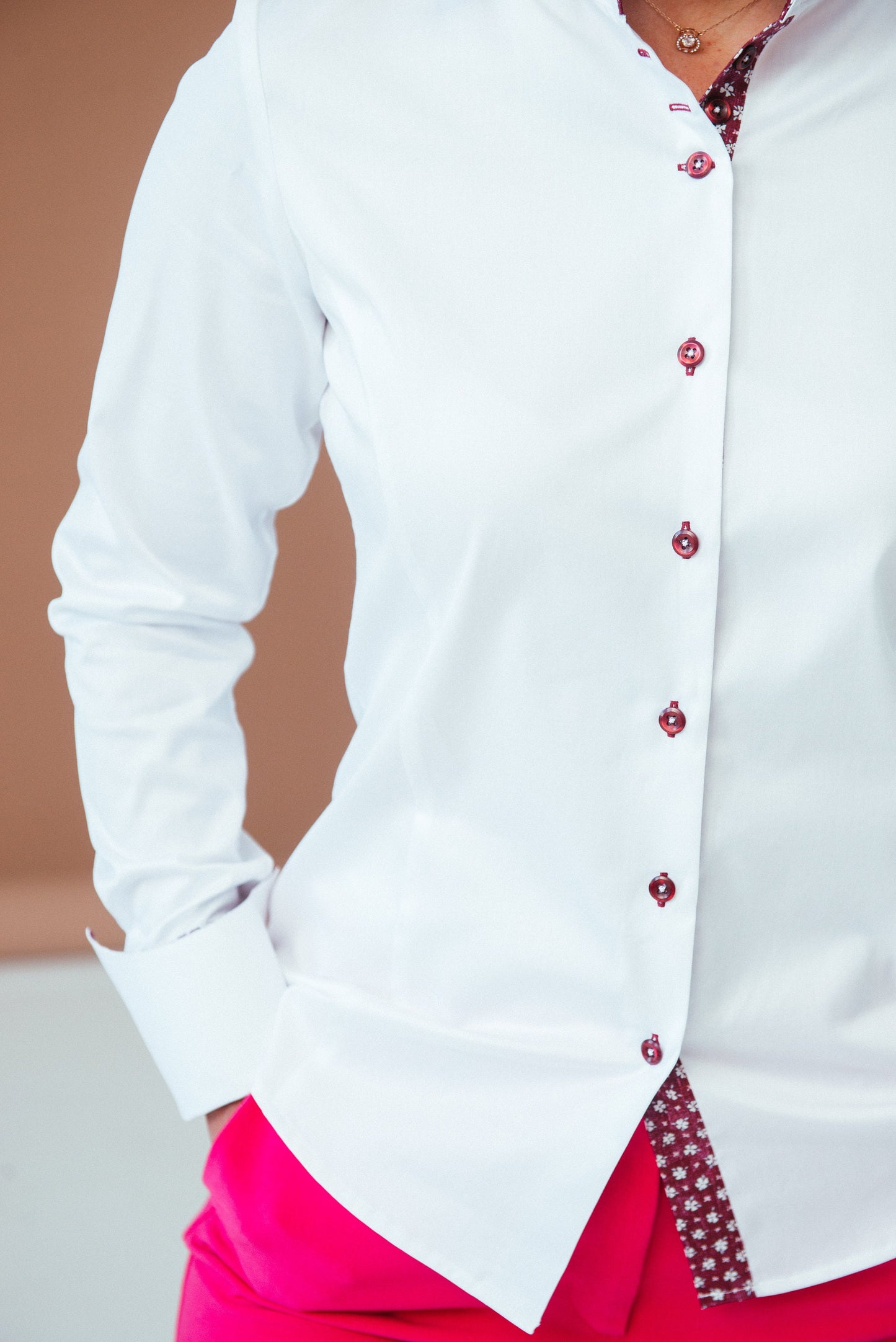 White Fitted Blouse: Stretch Cotton Button-Down with Designer Cuffs