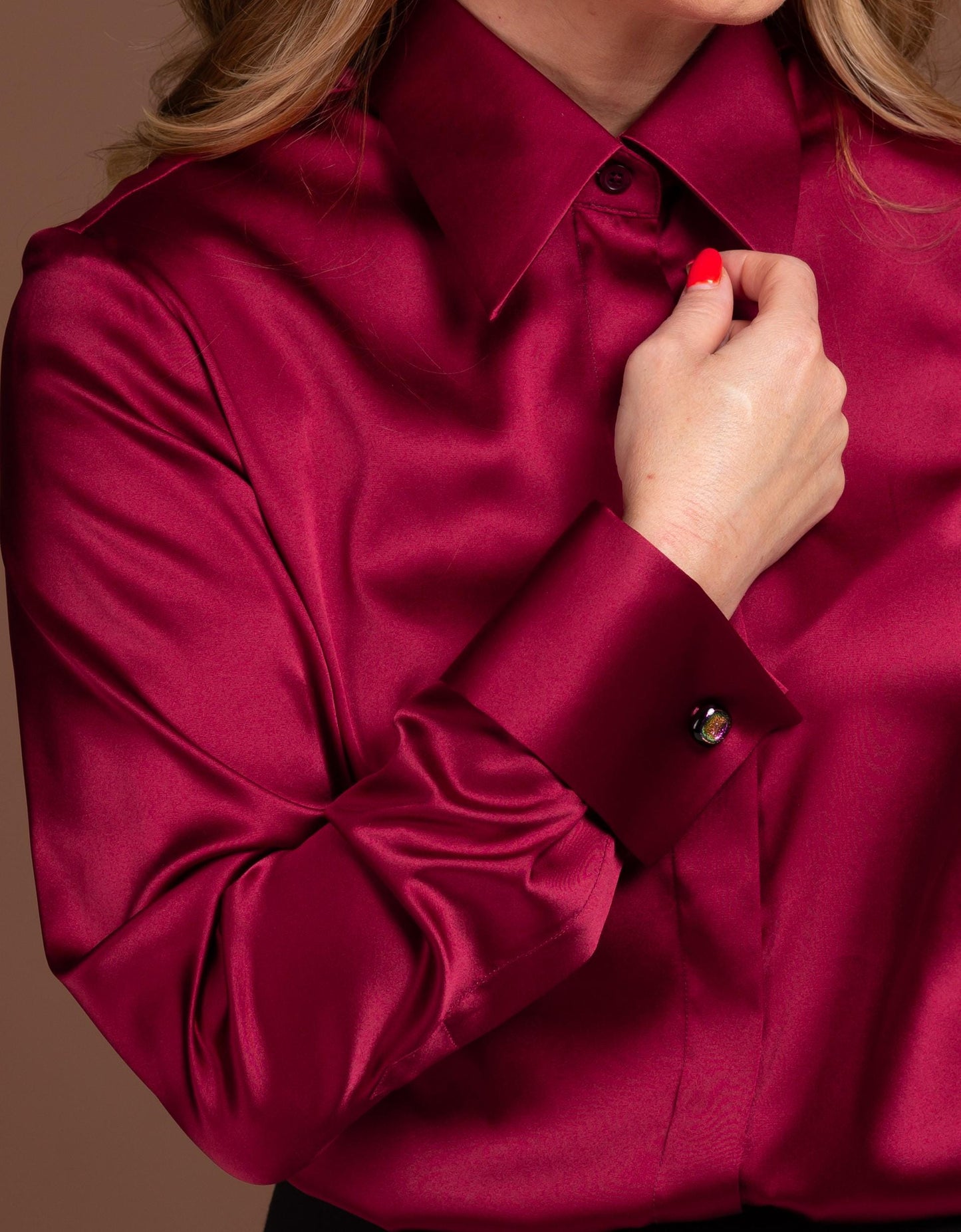 Mulberry Silk Blouse: Dark Red French Cuff Long Sleeve Shirt