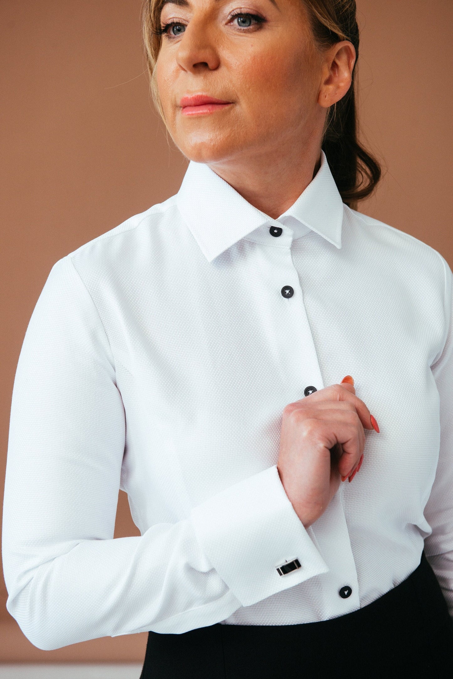 White French Cuff Blouse: Cotton Dress Shirt with Black Buttons
