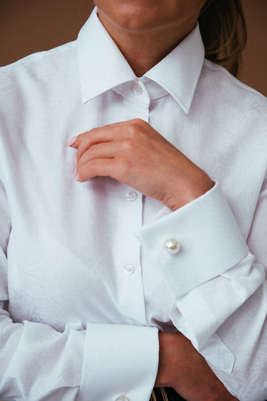 Elegant White Blouse with French Cuffs | Classic Women's Button-Down Shirt, Long Sleeve Paisley Top