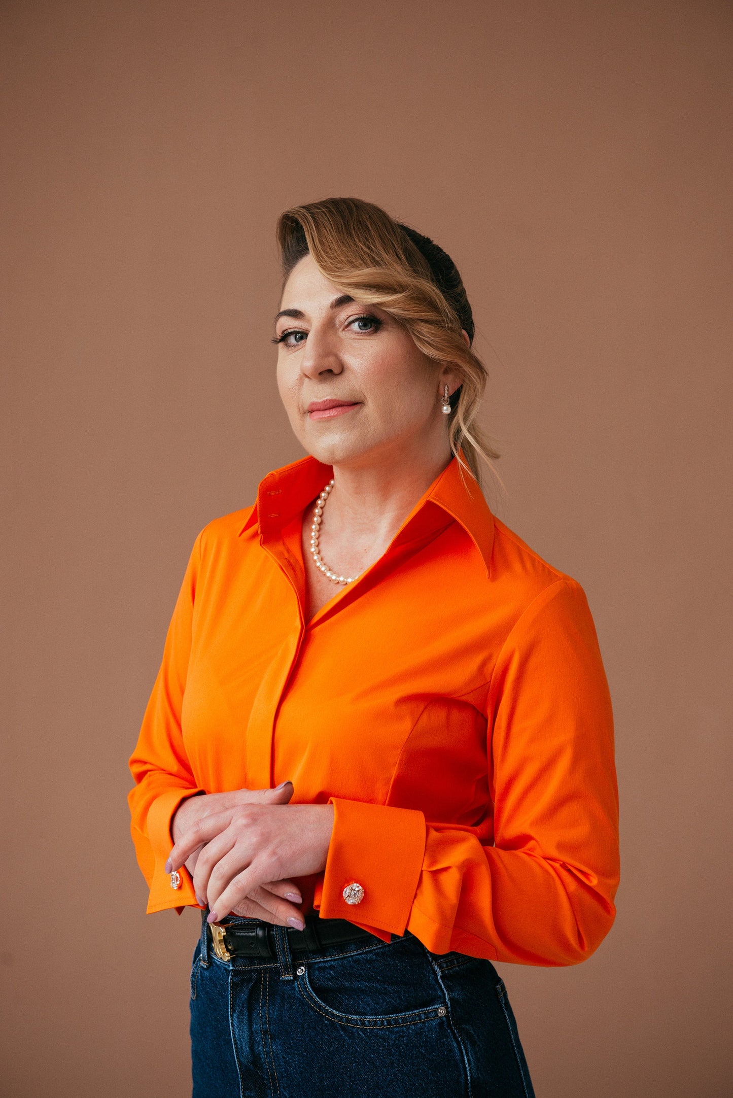 Orange French Cuff Blouse: Stretch Cotton High Collar Shirt