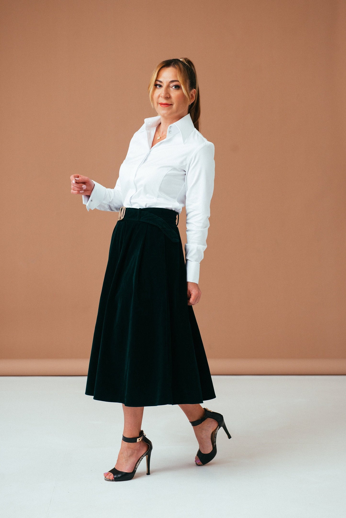 White French Cuff Blouse: High Collar, Pearlescent Buttons - Easy Care