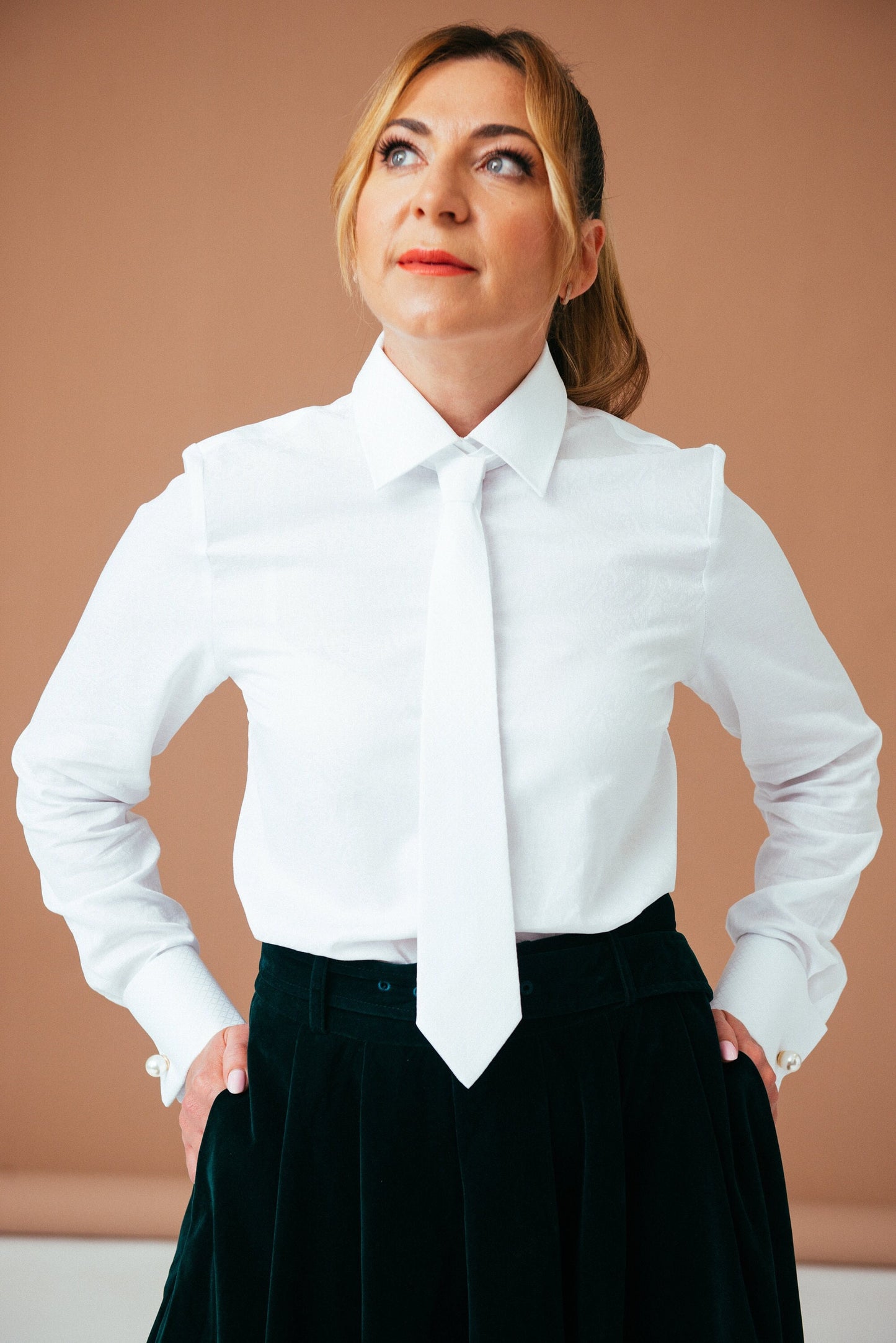 White Paisley Tie Neck Blouse: French Cuff Cotton Shirt