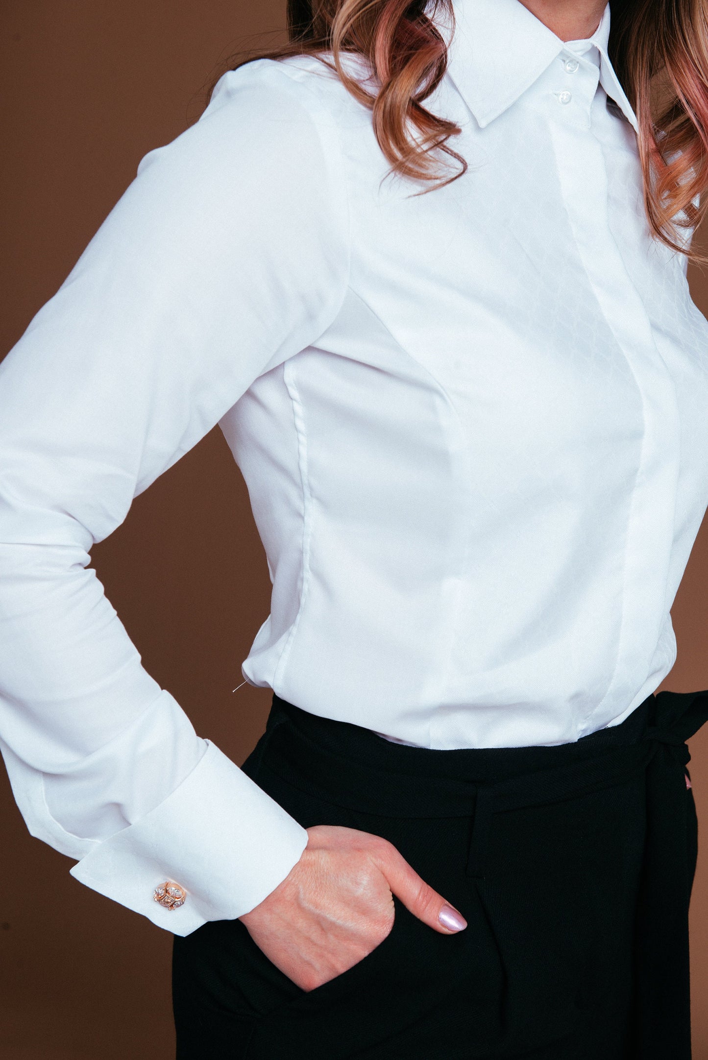 Non-Iron White Oxford Blouse: French Cuff Tuxedo Shirt