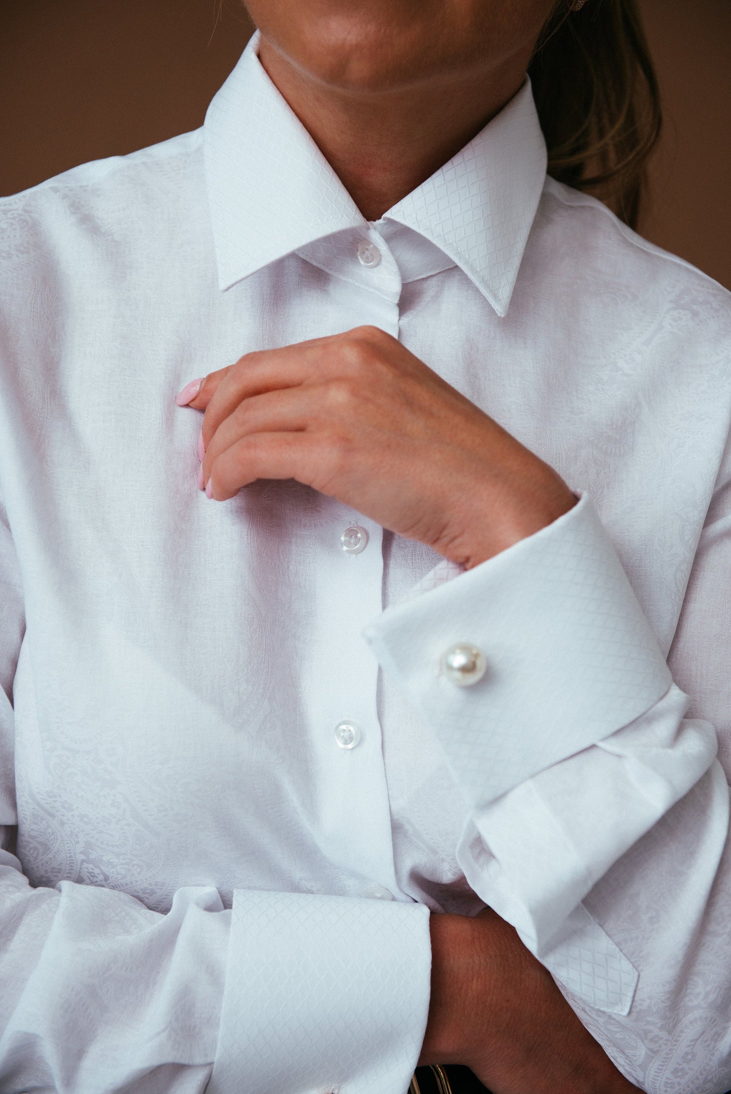 White Paisley Tie Neck Blouse: French Cuff Cotton Shirt