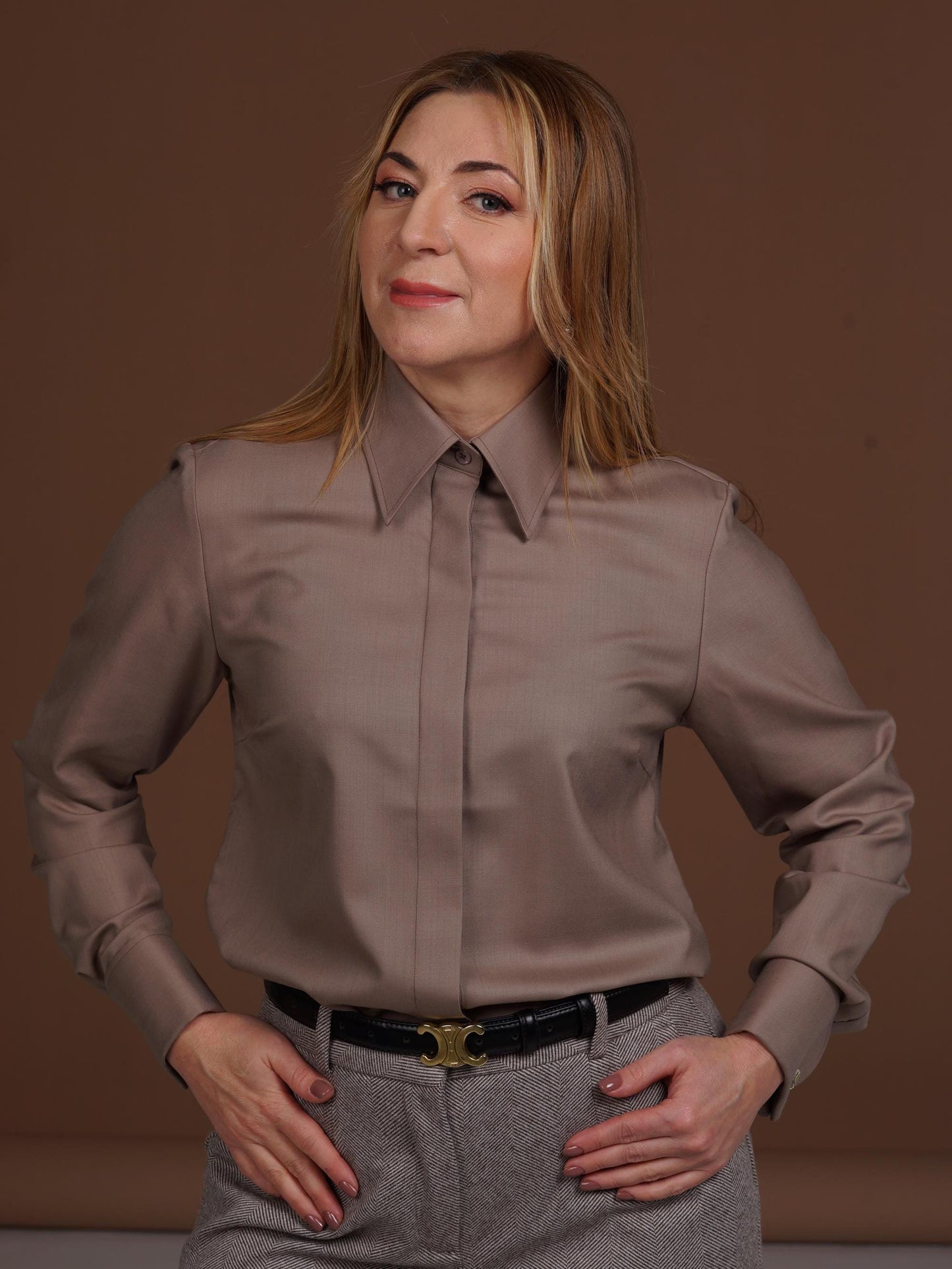 Luxury Merino Wool Shirt: Mocha Brown French Cuff Blouse