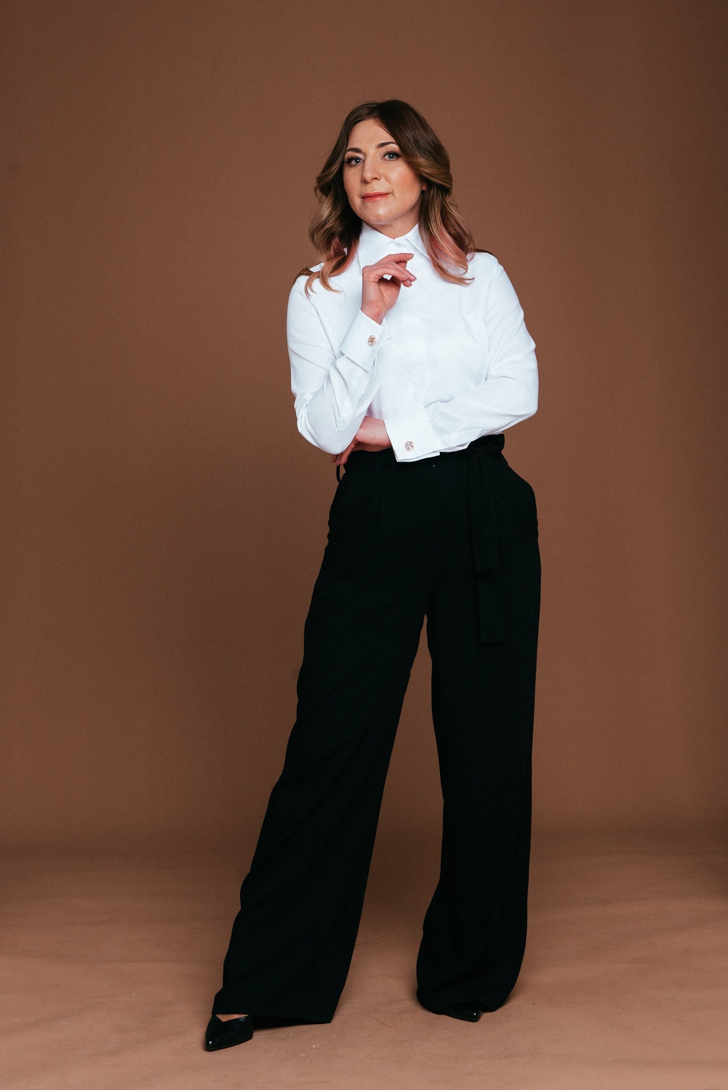 Non-Iron White Oxford Blouse: French Cuff Tuxedo Shirt