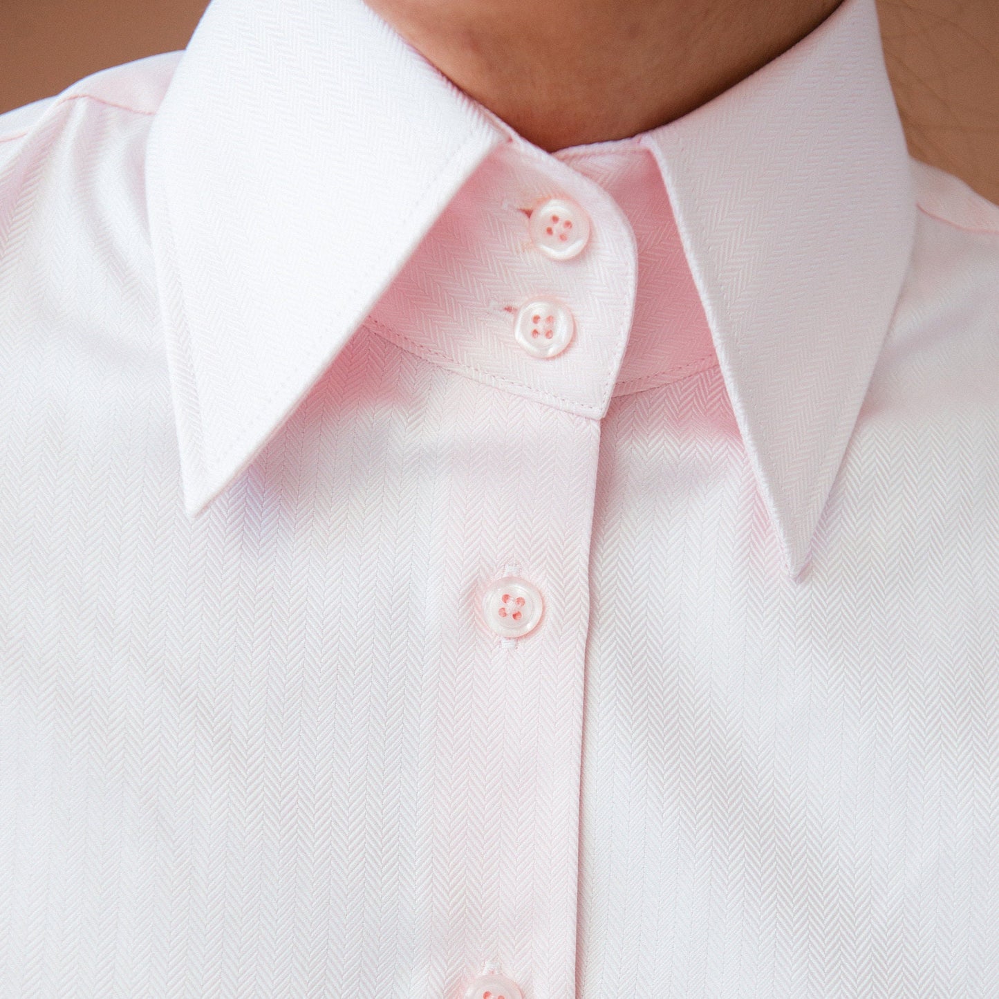 Pink Herringbone French Cuff Blouse: High Collar Cotton Shirt