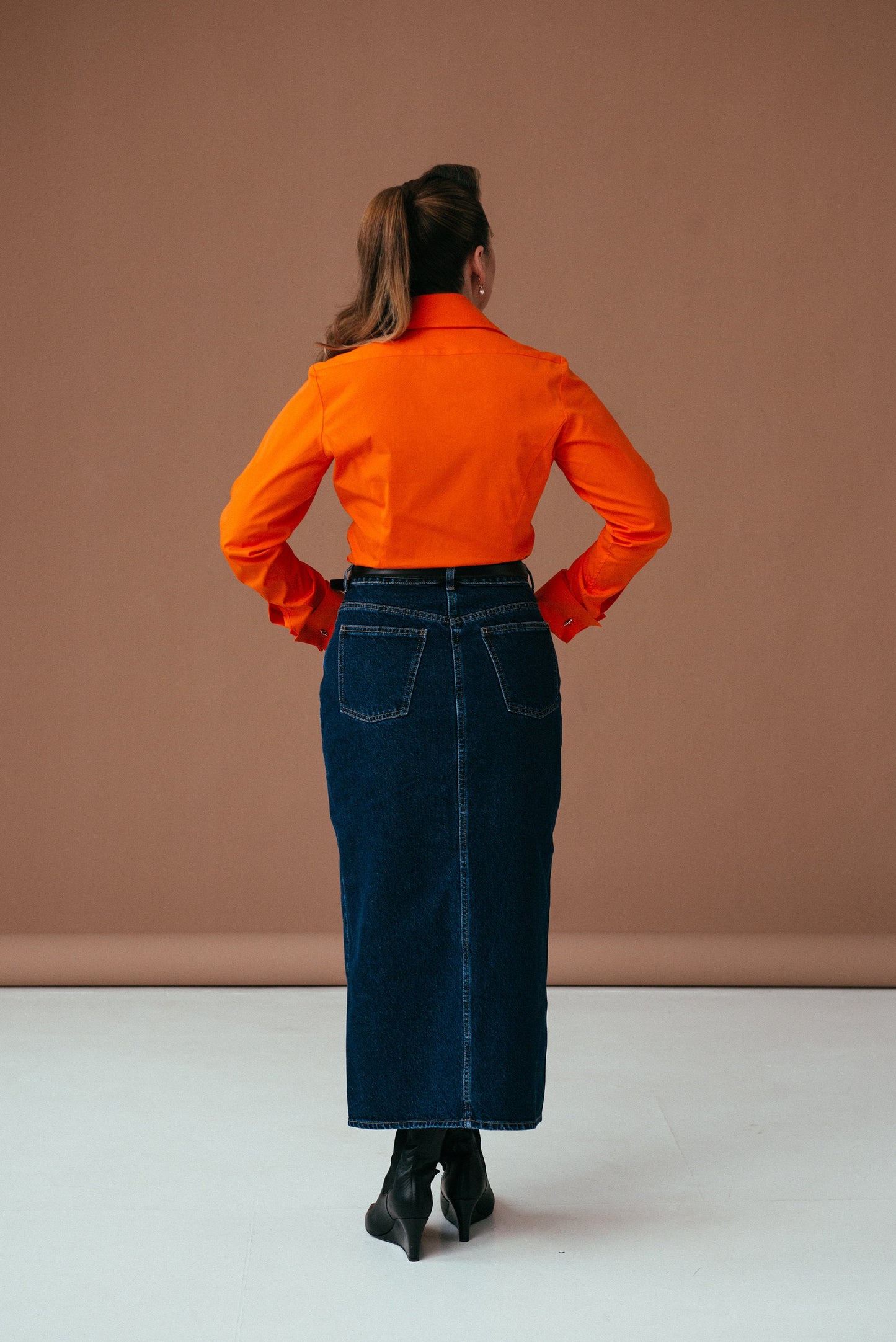 Orange French Cuff Blouse: Stretch Cotton High Collar Shirt