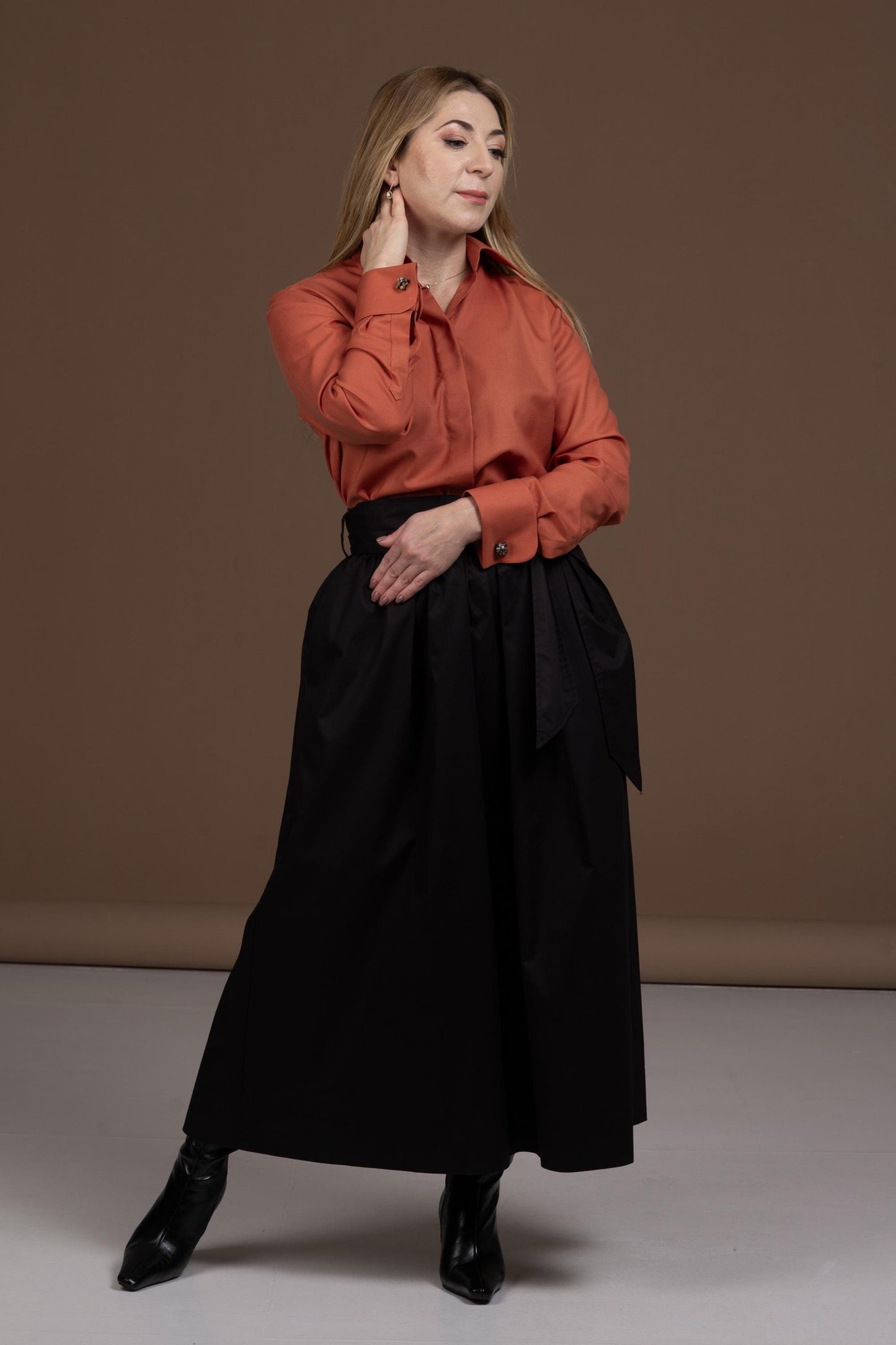 Merino Wool Shirt: Brick Orange French Cuff Button-Up Blouse