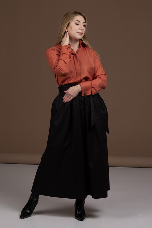 Merino Wool Shirt: Brick Orange French Cuff Button-Up Blouse