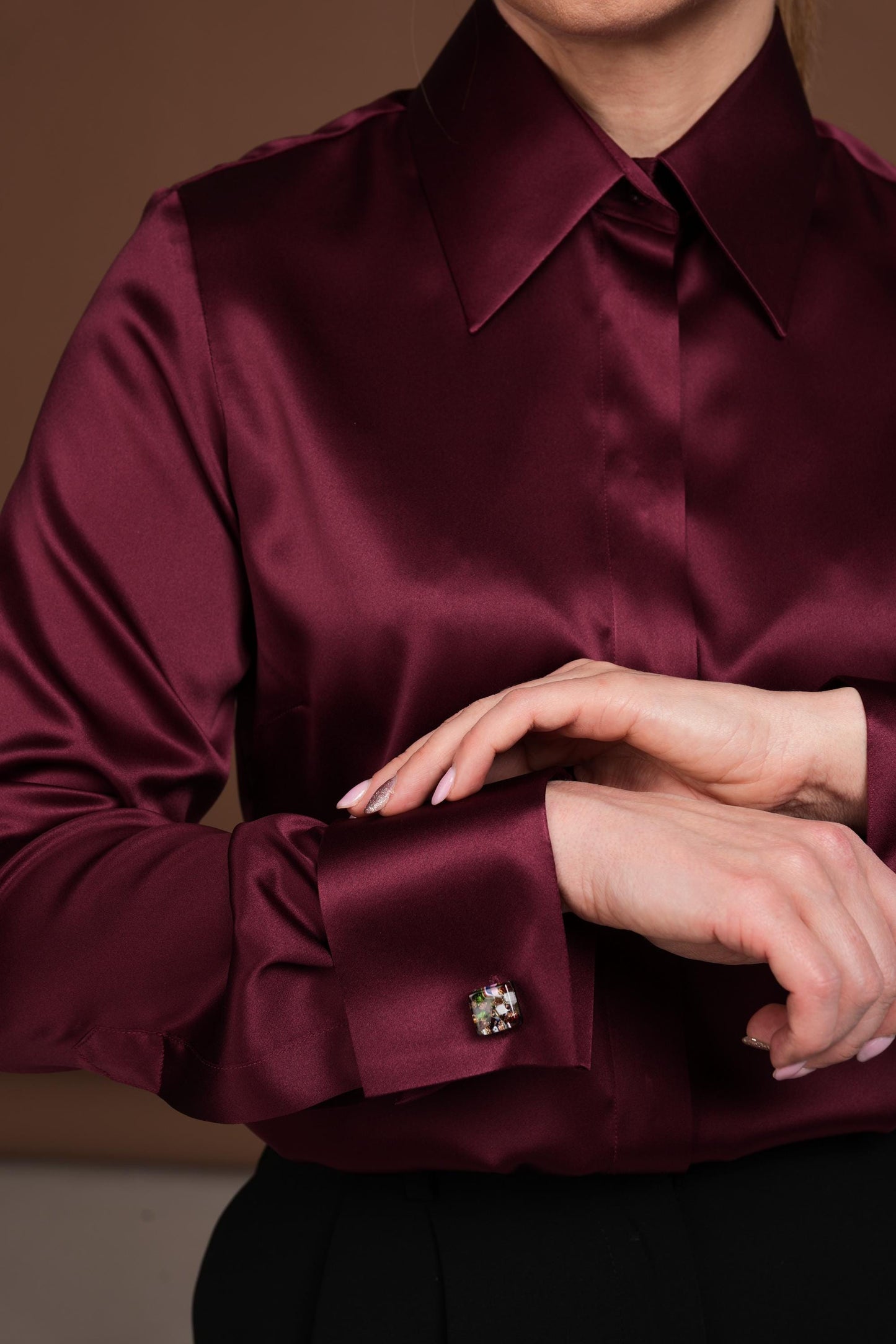 Burgundy Silk Blouse: Satin Shirt with French Cuffs